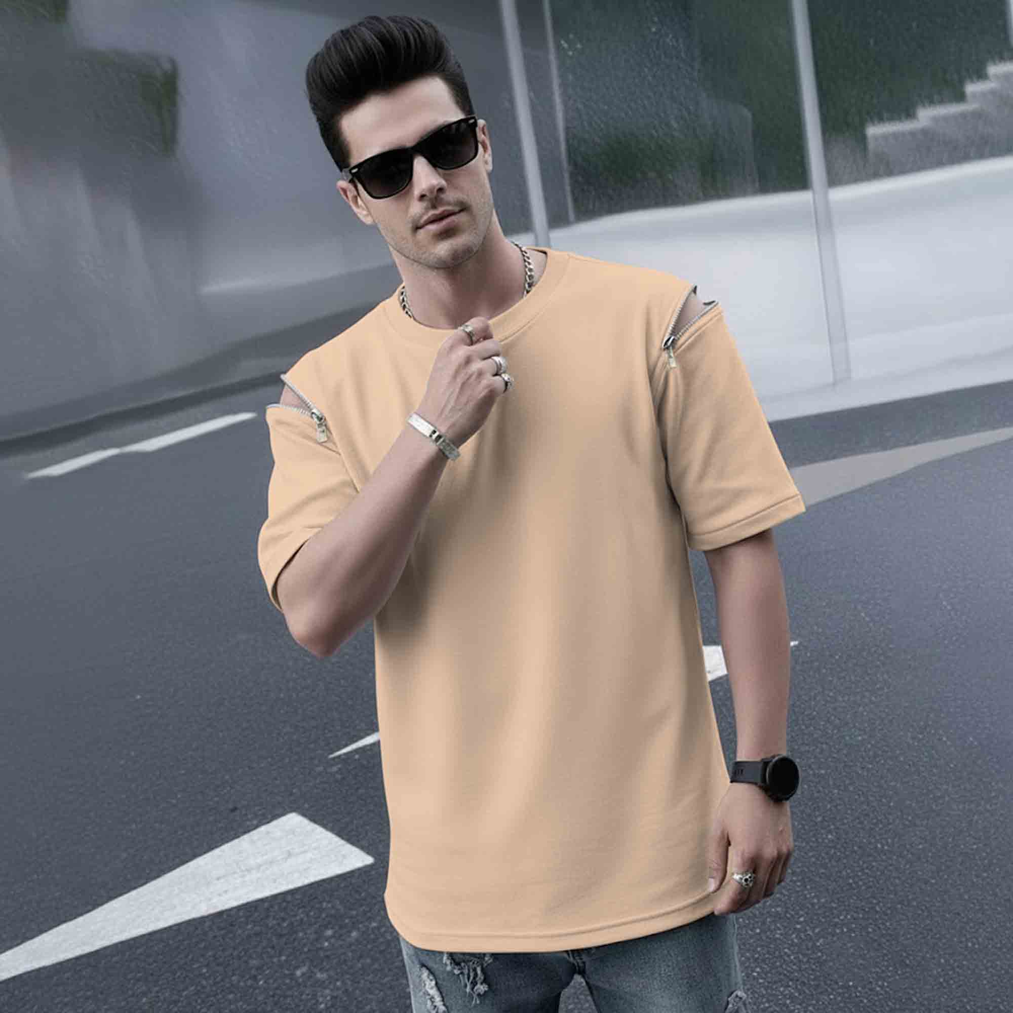 Mens Oversized Round Neck Plain Beige Tshirt