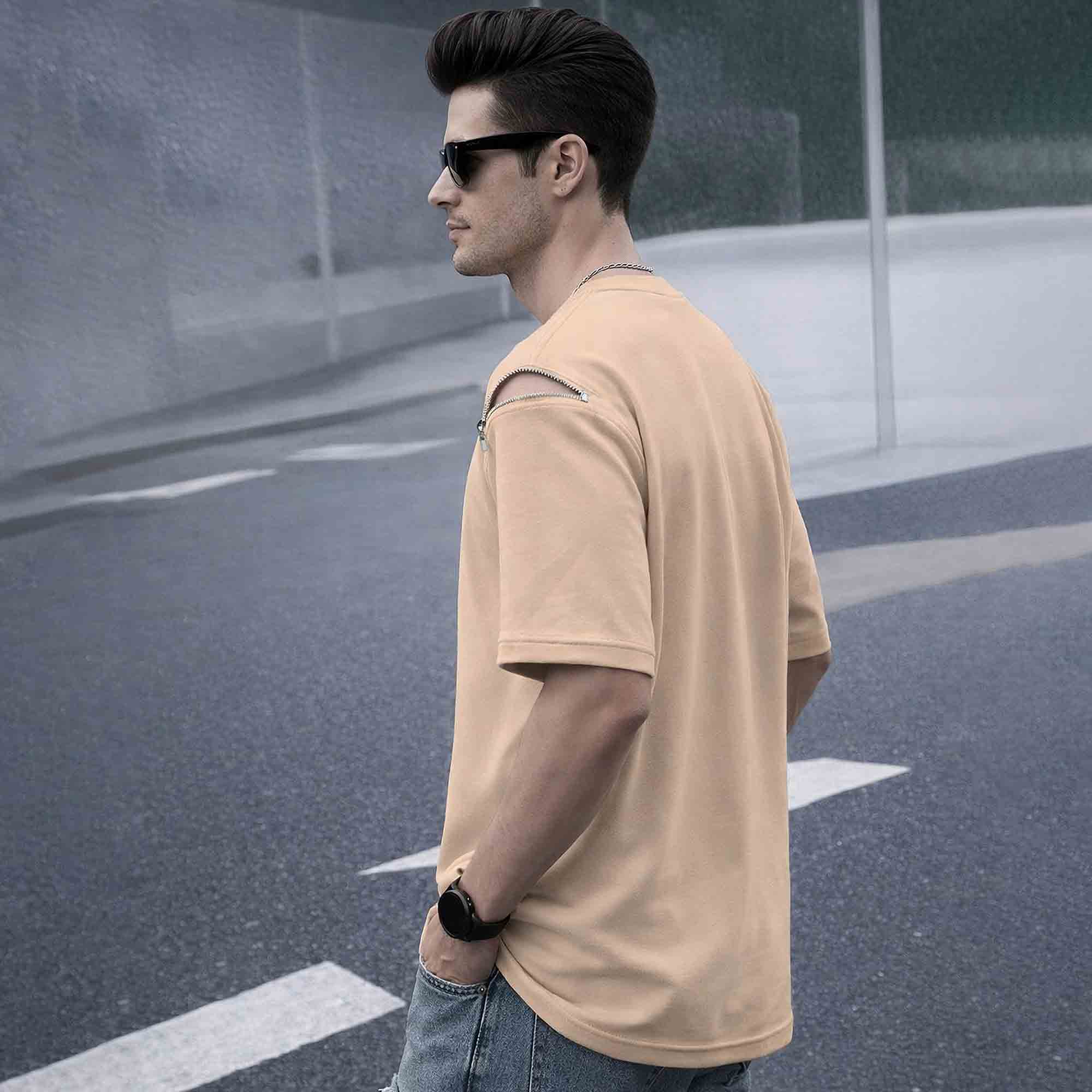 Mens Oversized Round Neck Plain Beige Tshirt