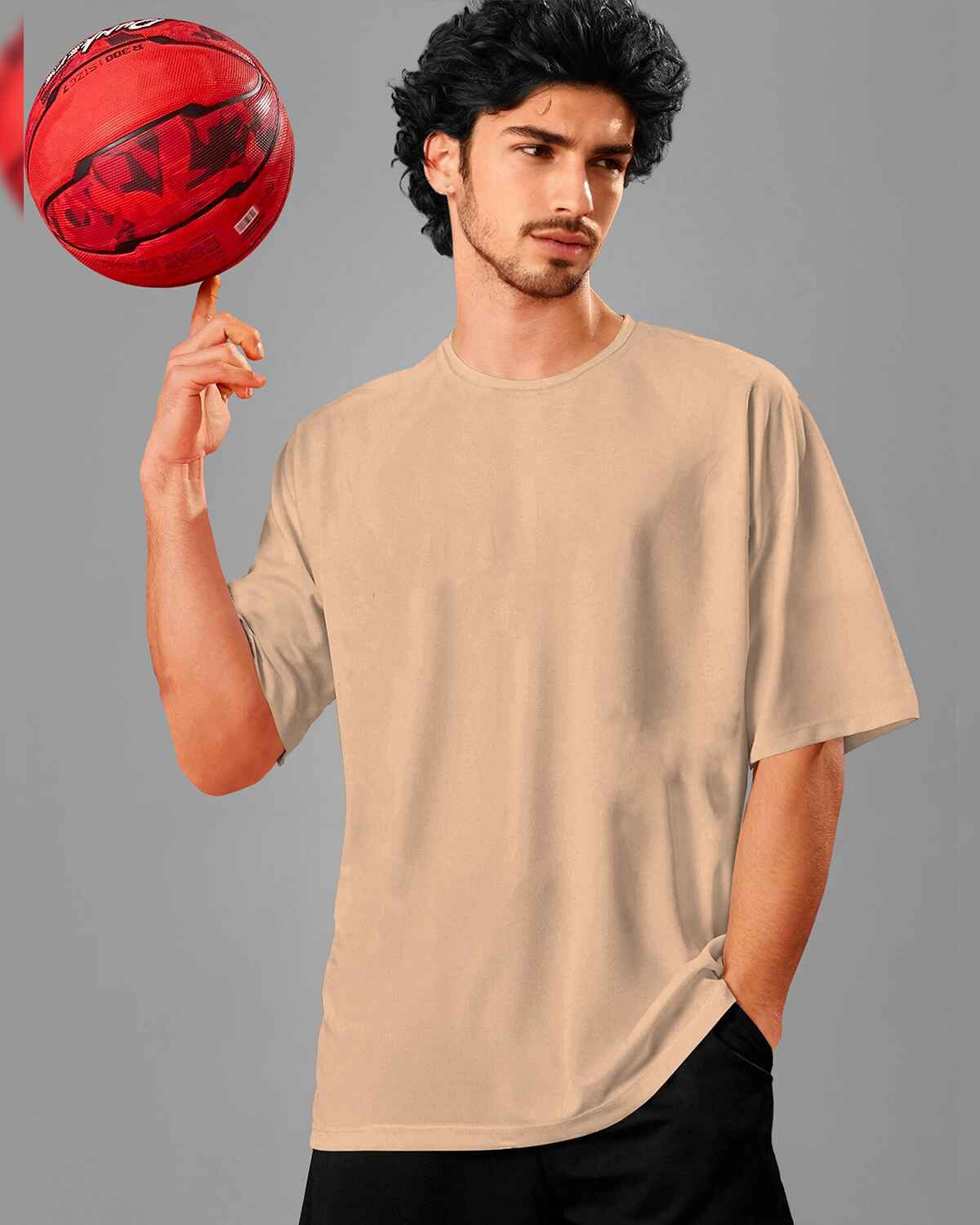 Beige Mens Round Neck Solid Over Size T-shirt