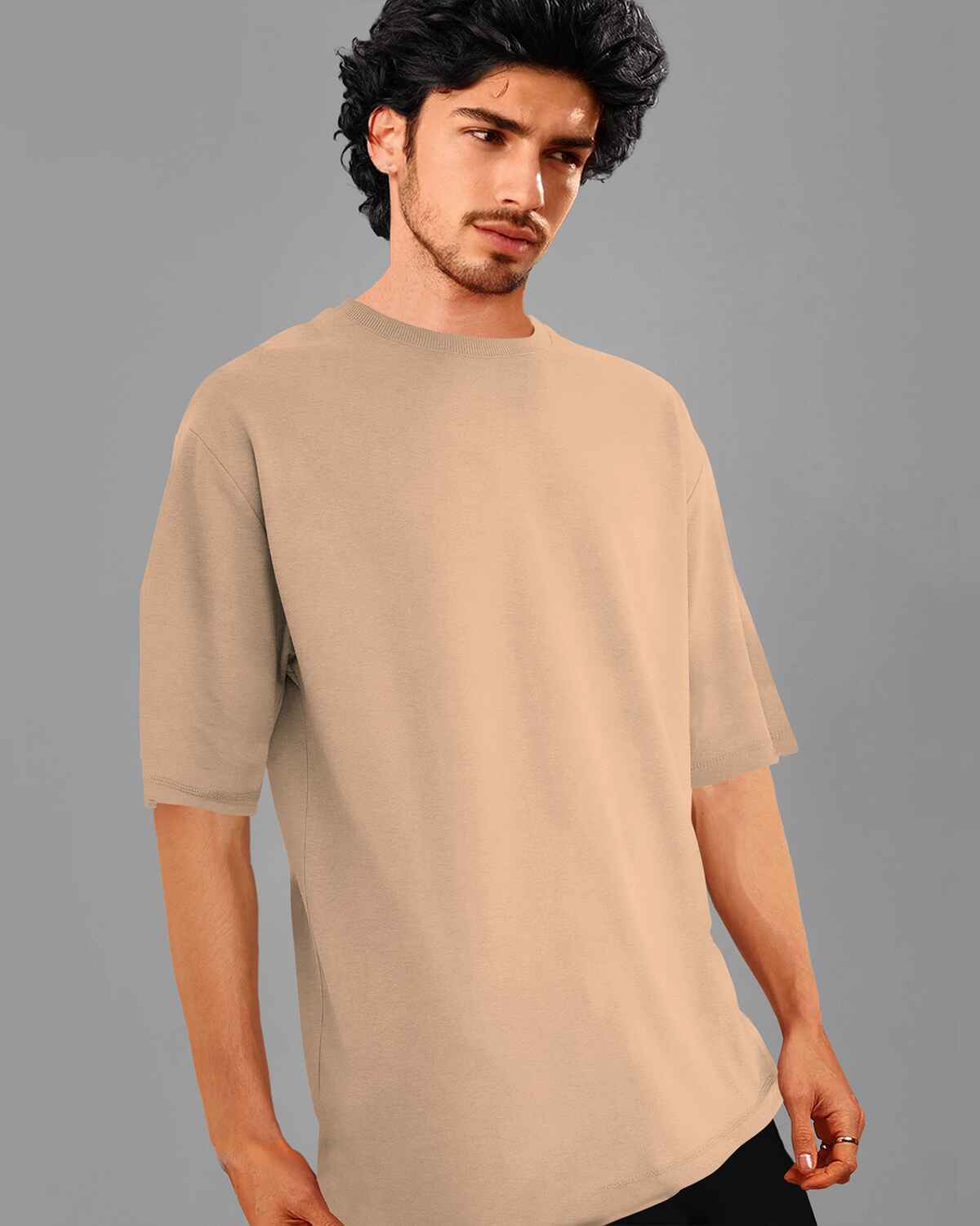 Beige Mens Round Neck Solid Over Size T-shirt