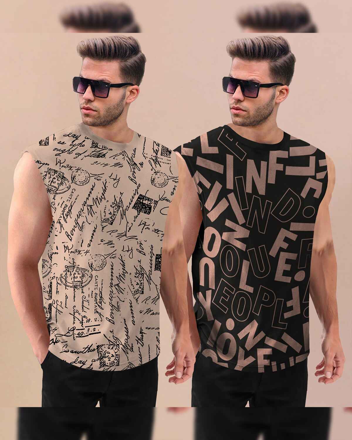 (Pack Of 2) Men Round Neck Beige & Black Casual Printed Vests Combo