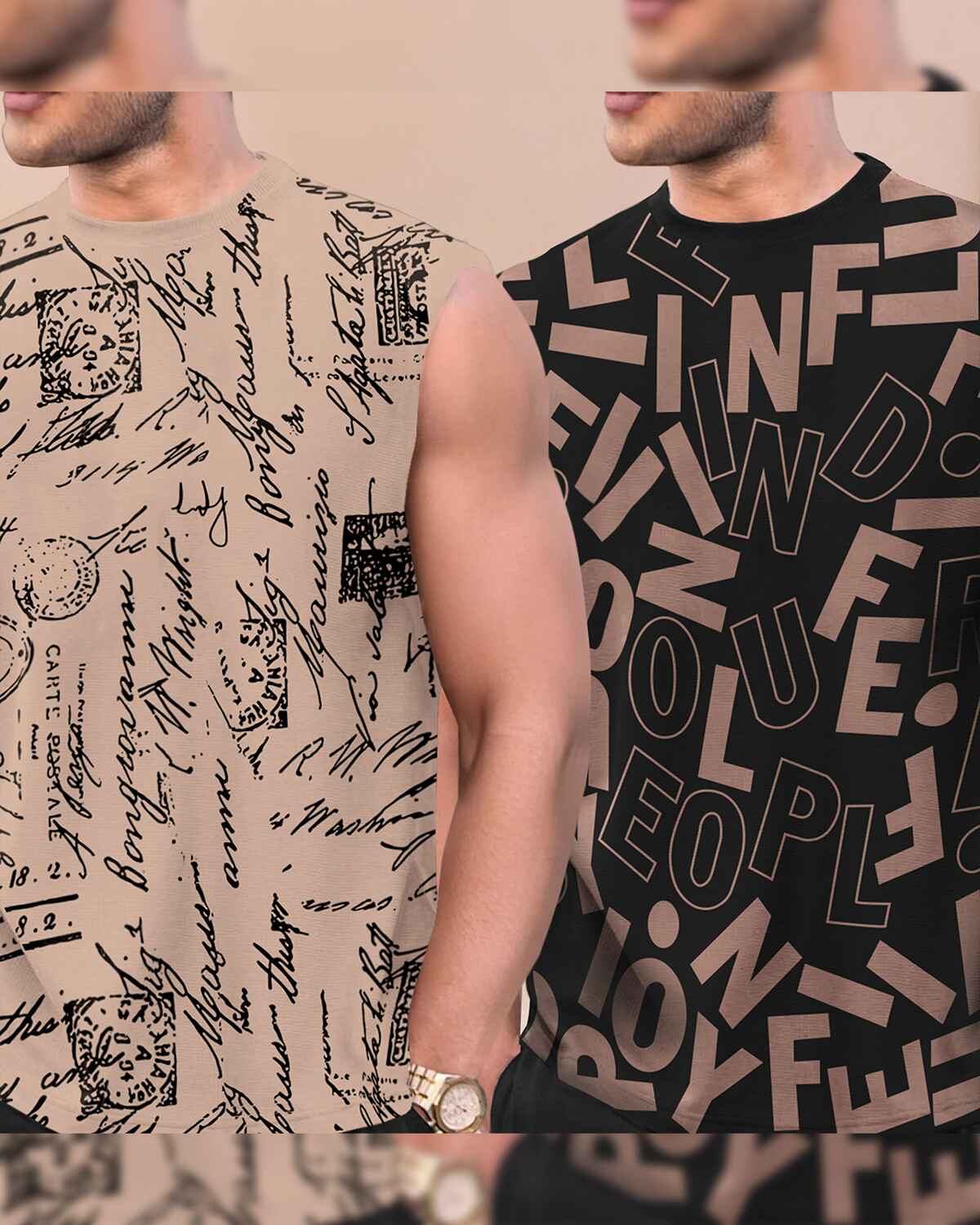 (Pack Of 2) Men Round Neck Beige & Black Casual Printed Vests Combo