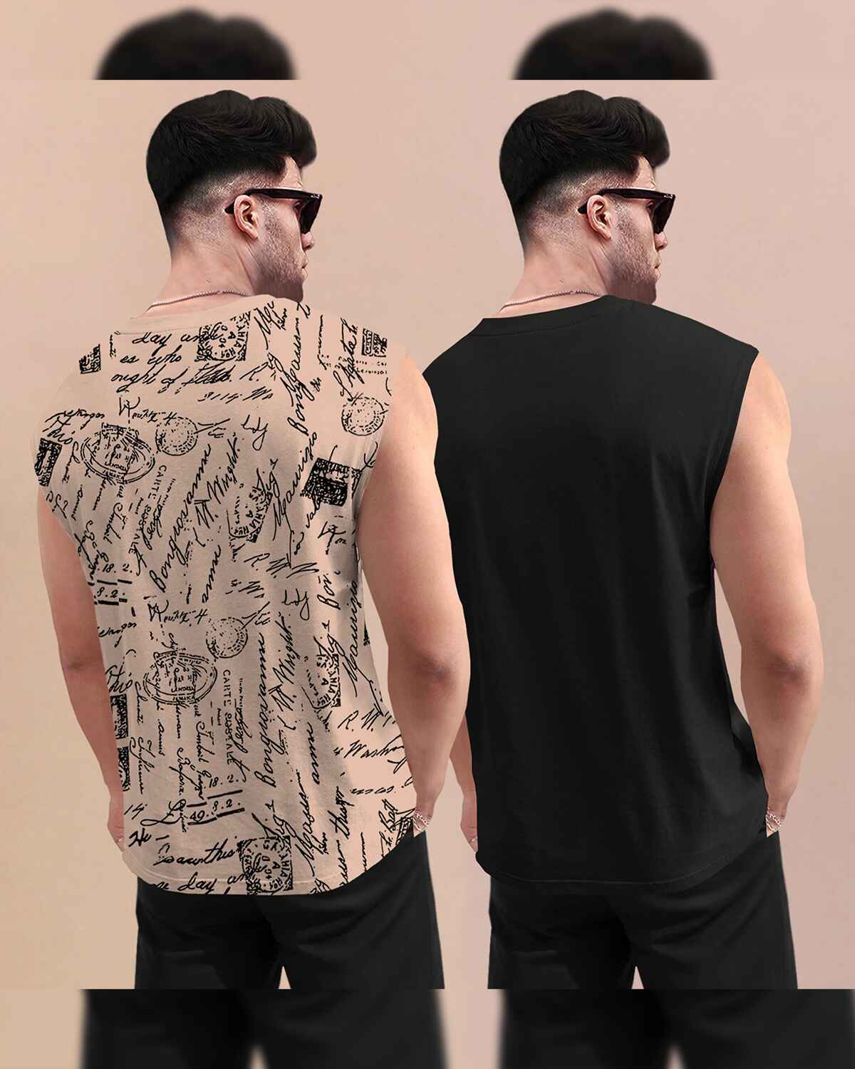 (Pack Of 2) Men Round Neck Beige & Black Casual Printed Vests Combo