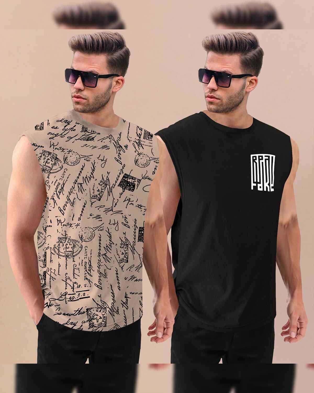 (Pack Of 2) Men Round Neck Beige & Black Casual Printed Vests Combo