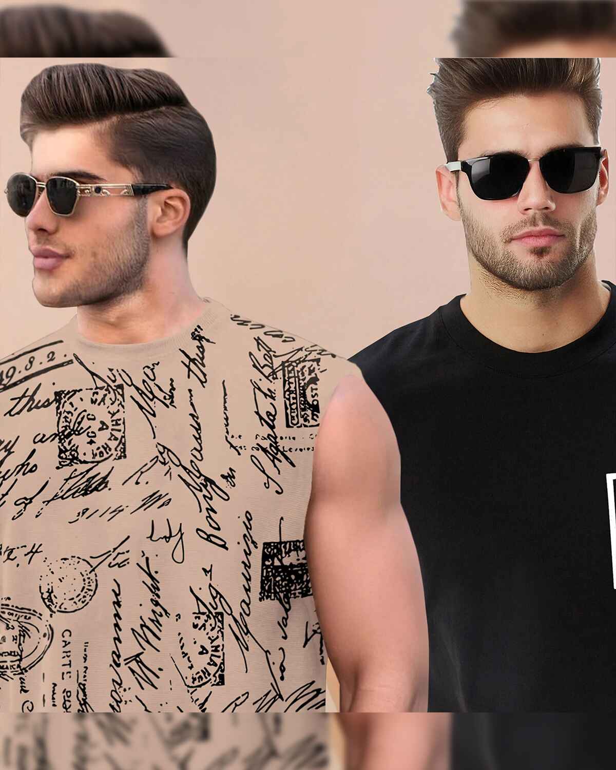 (Pack Of 2) Men Round Neck Beige & Black Casual Printed Vests Combo