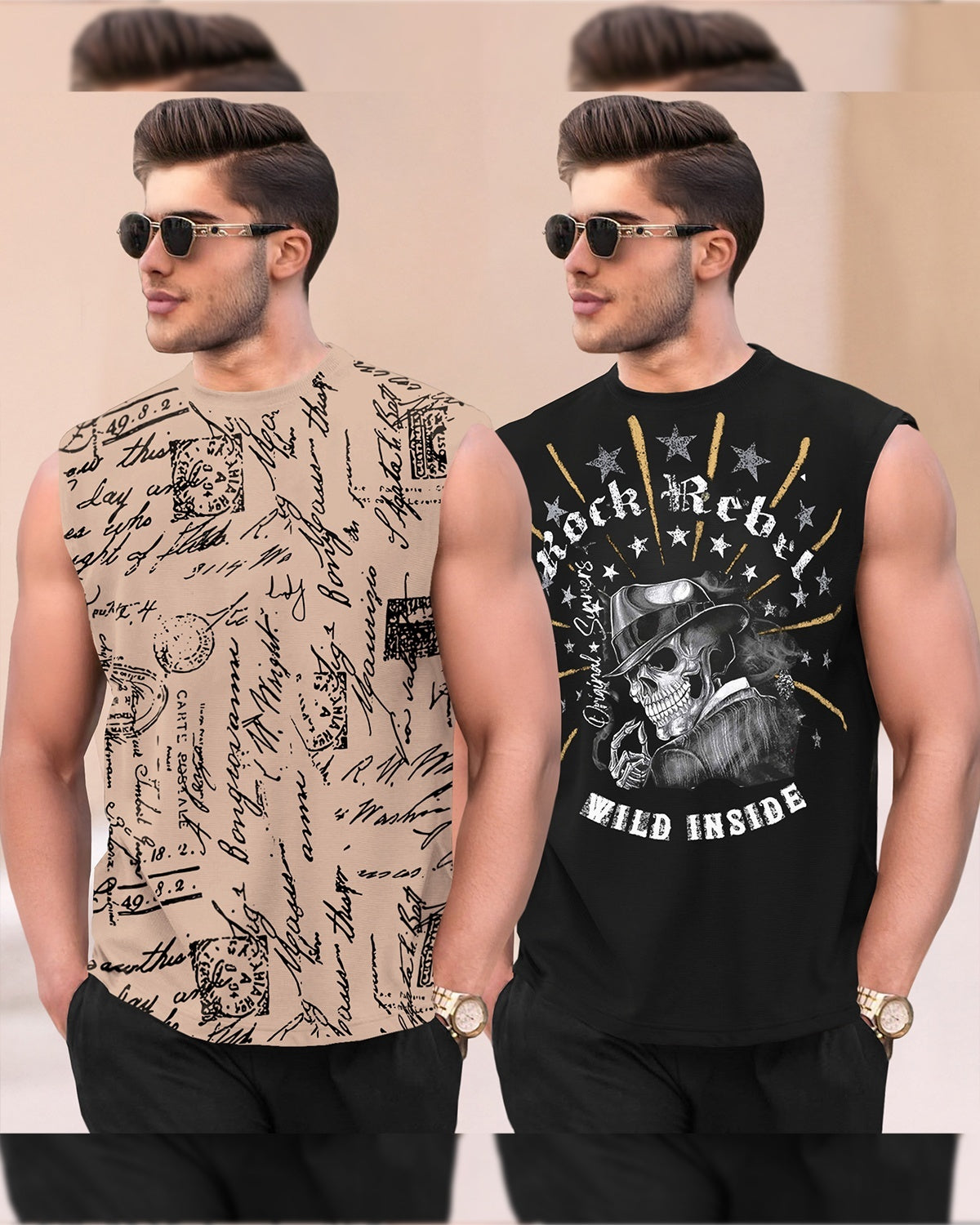 Men Round Neck Casual Printed Vest / Beige & Black