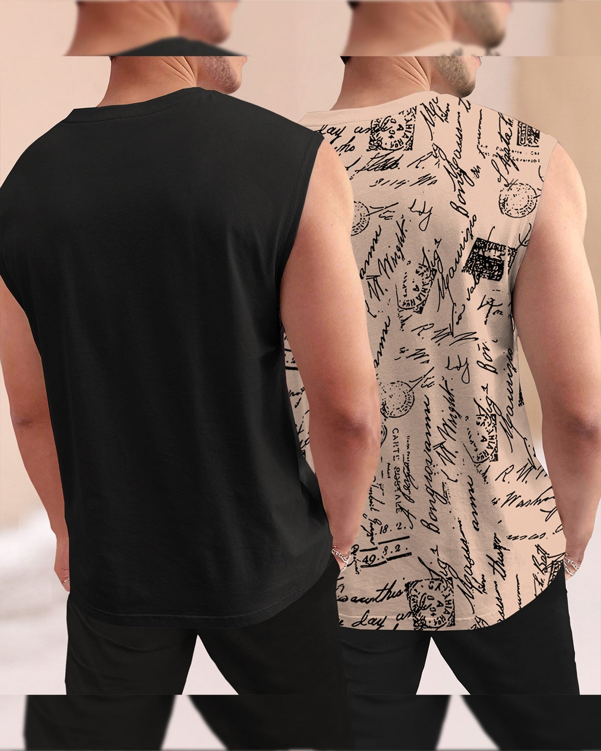 Men Round Neck Casual Printed Vest / Beige & Black