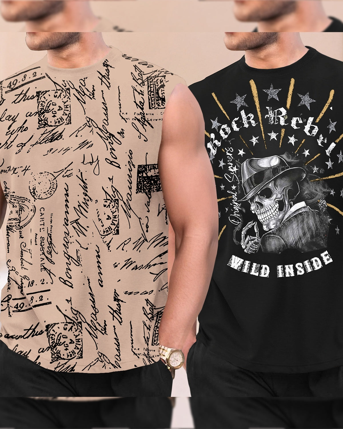 Men Round Neck Casual Printed Vest / Beige & Black