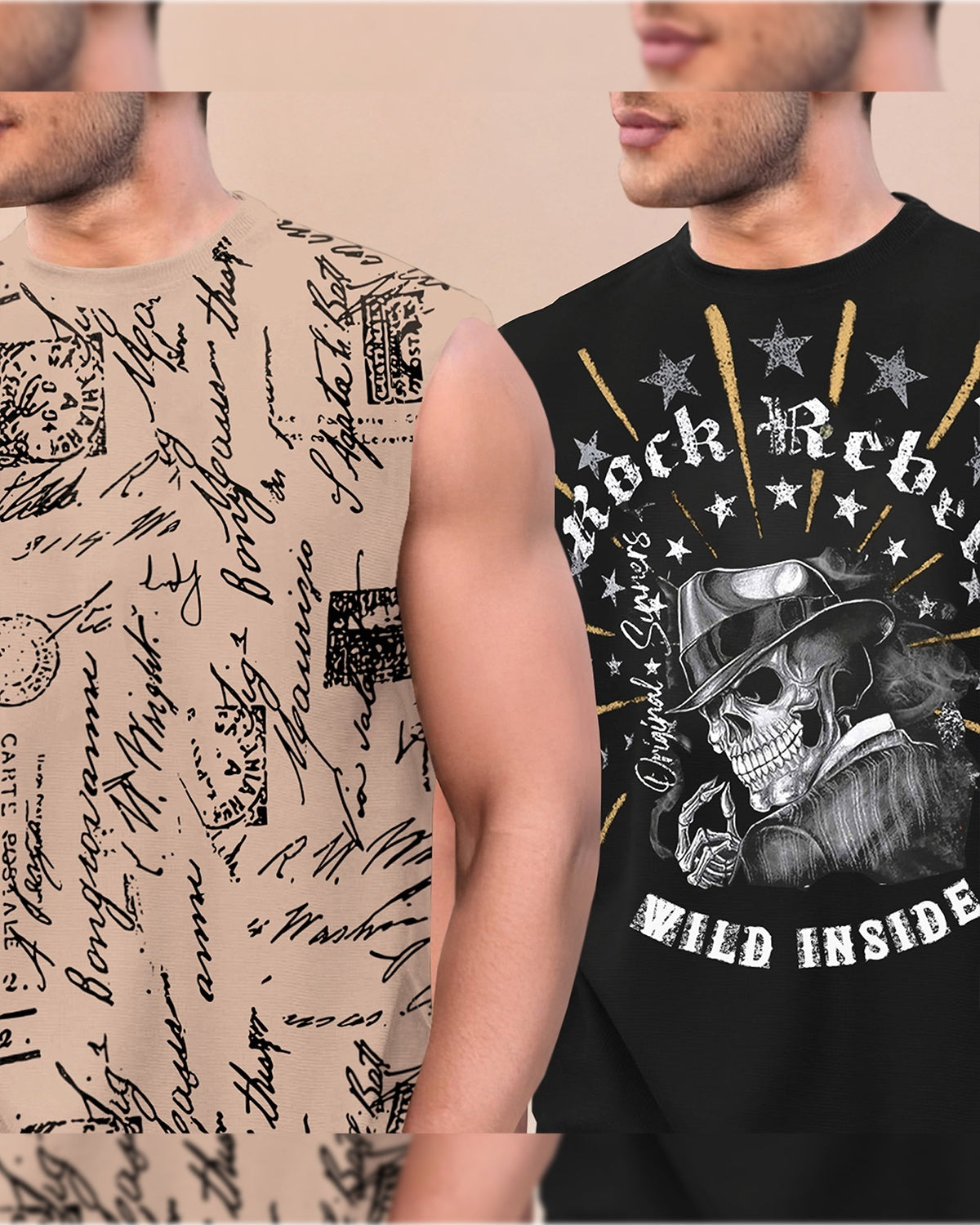 Men Round Neck Casual Printed Vest / Beige & Black