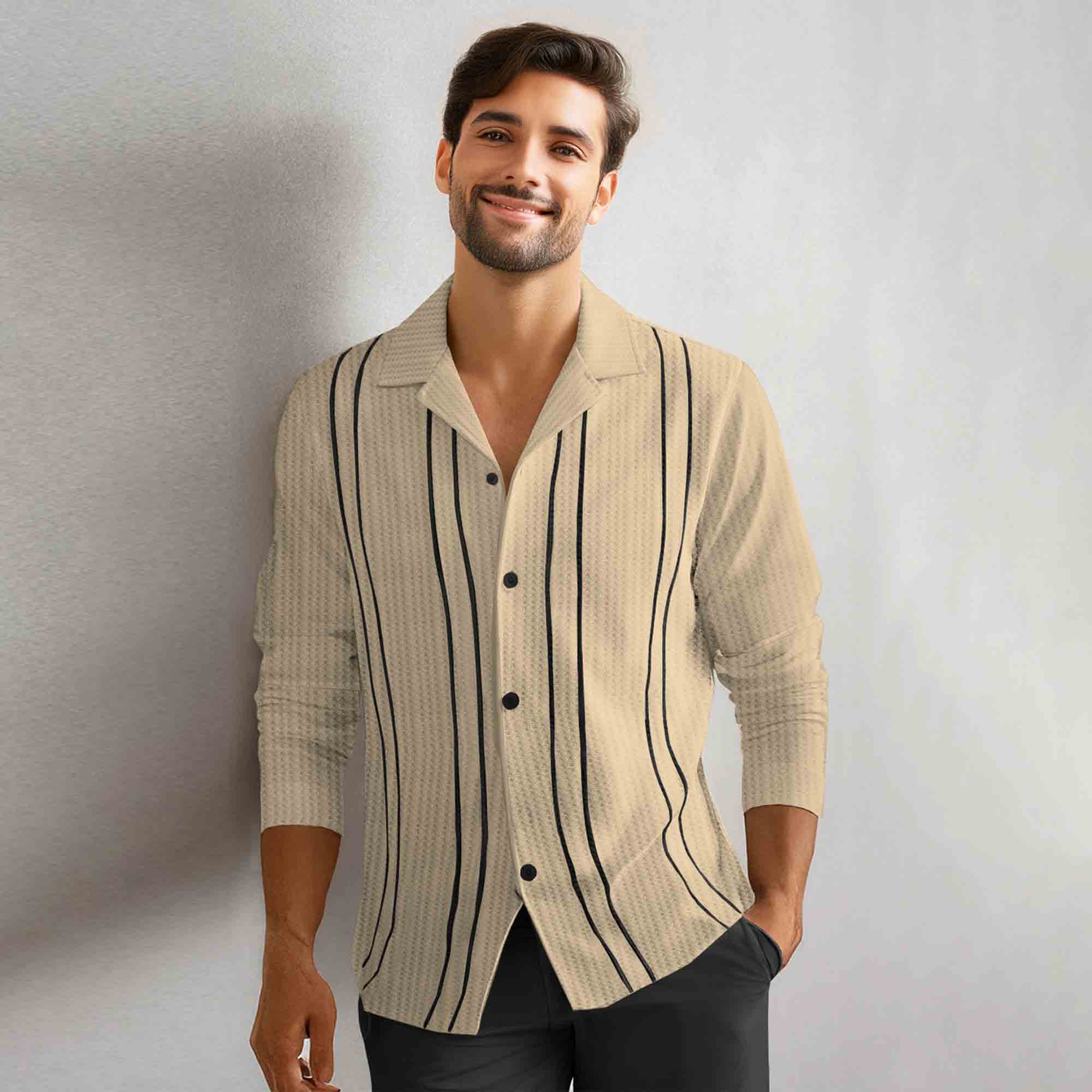 Men Smart Casual Full Sleeve Textured Pattern Vertical Stripes Beige Shirt