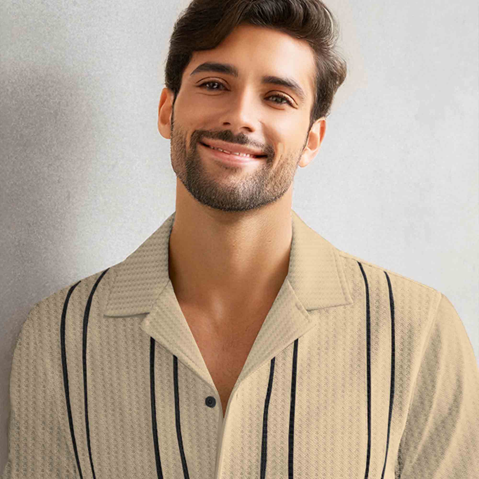 Men Smart Casual Full Sleeve Textured Pattern Vertical Stripes Beige Shirt