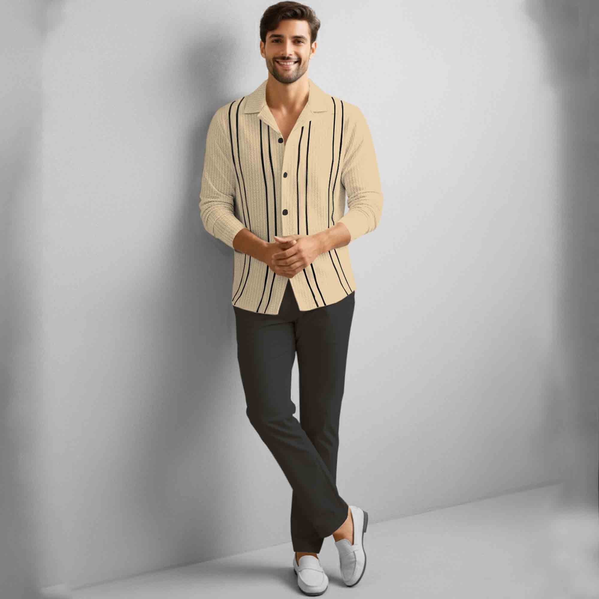 Men Smart Casual Full Sleeve Textured Pattern Vertical Stripes Beige Shirt