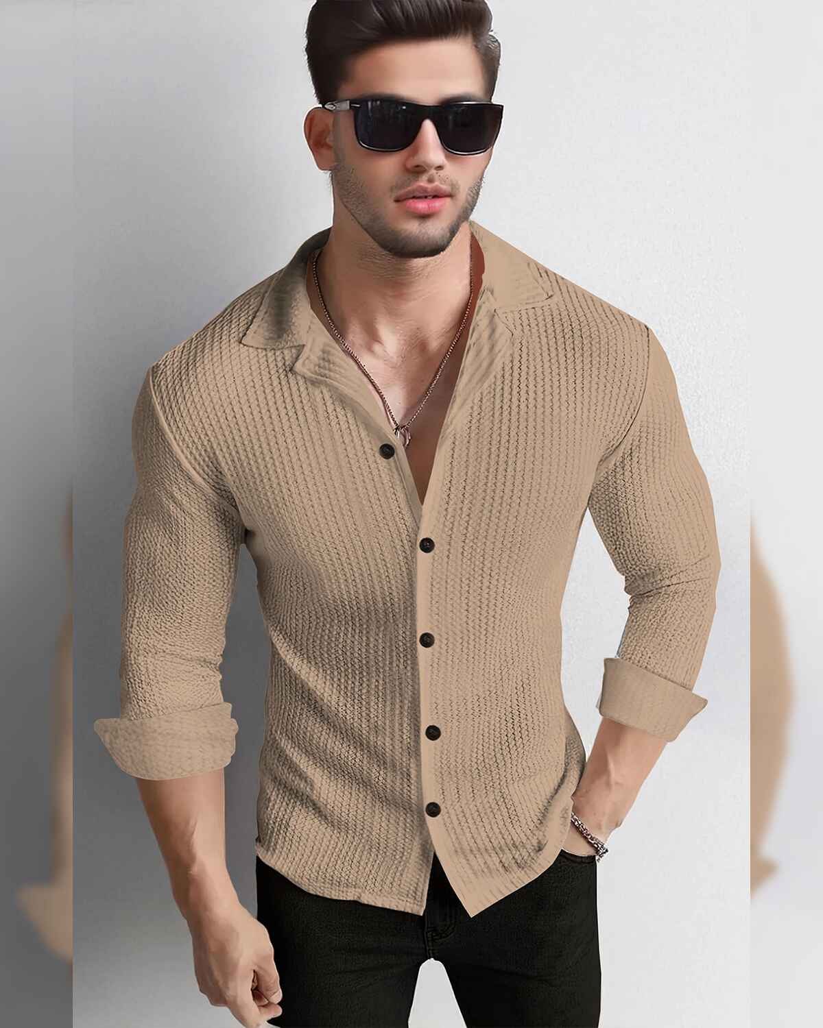 Men Full Sleeve Beige Solid Color Waffle Textured Shirt