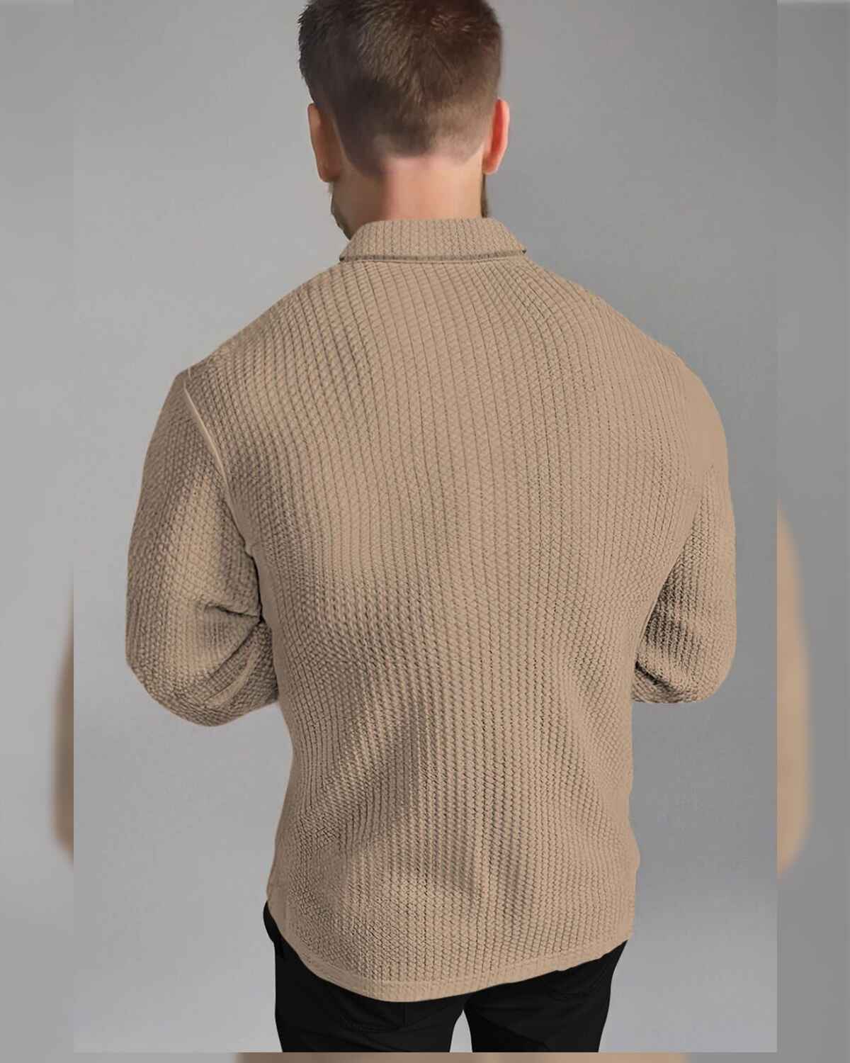 Men Full Sleeve Beige Solid Color Waffle Textured Shirt