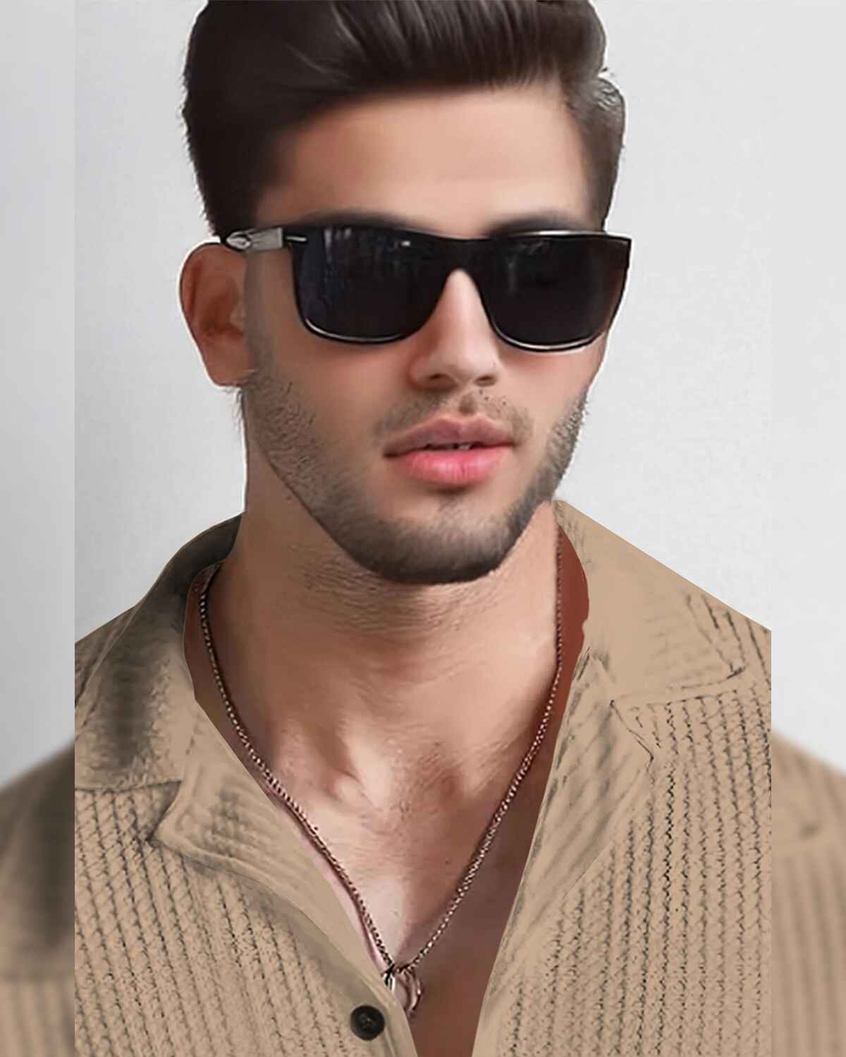 Men Full Sleeve Beige Solid Color Waffle Textured Shirt