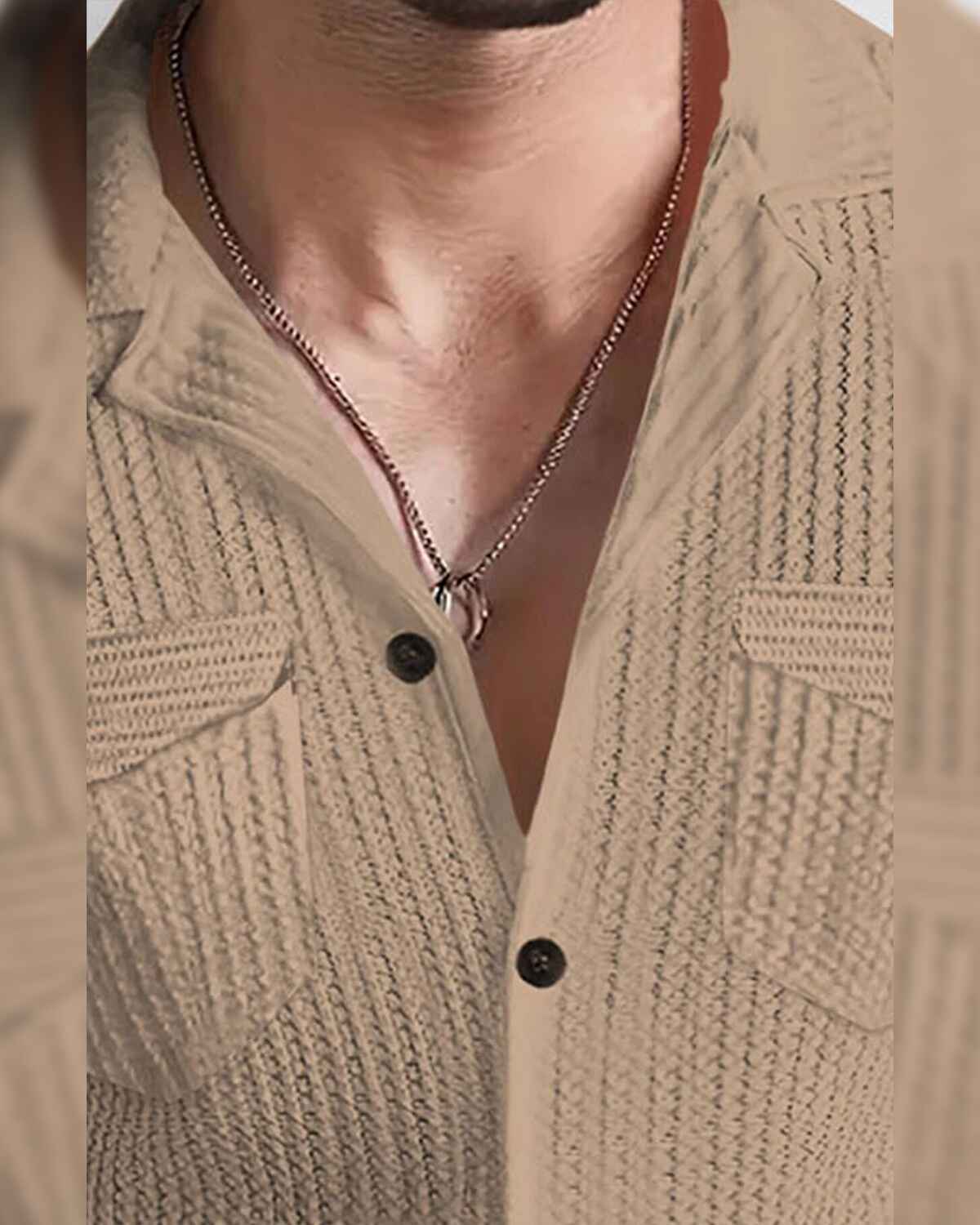 Men Full Sleeve Beige Double Pocket Waffle Textured Shirt