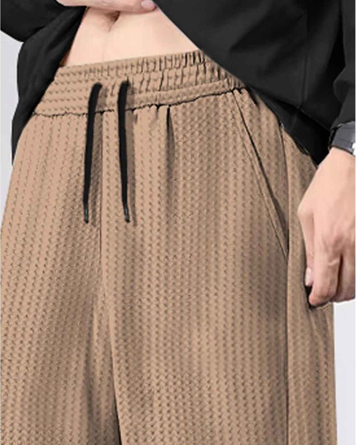 Men Plain Loose Fit Waffle Trackpant Beige