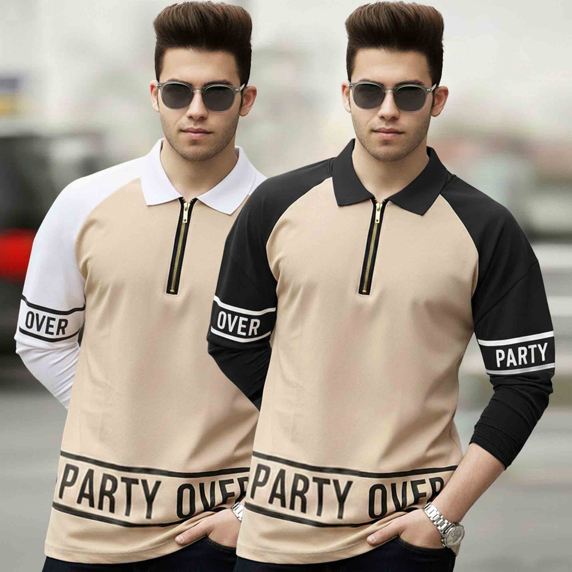 (Pack Of 2) Quarter Zip Polo Neck Vertical Striped Full Sleeve Combo Tshirts - 6 Variants