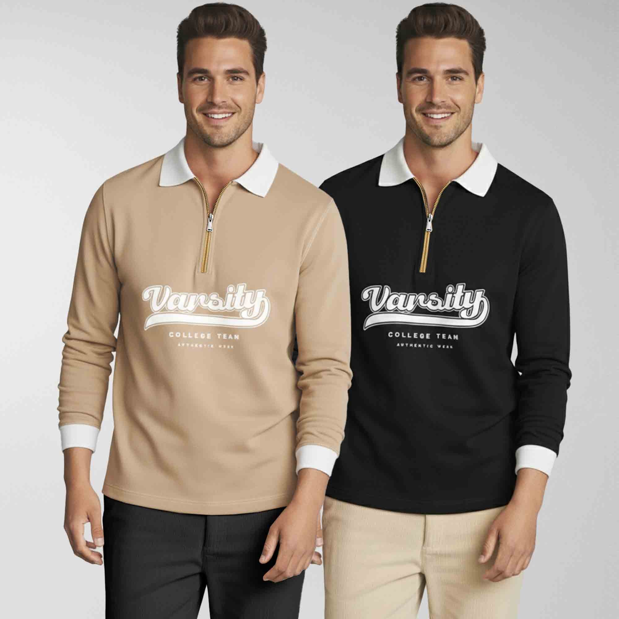 (Pack Of 2) Quarter Zip Polo Neck Vertical Striped Full Sleeve Combo Tshirts - 6 Variants