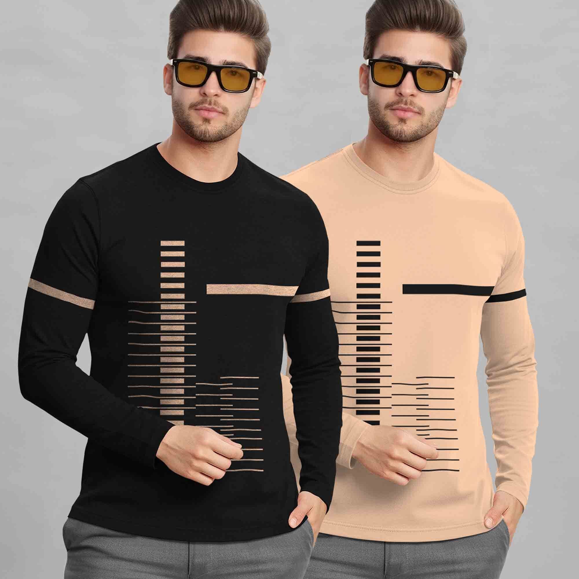 (Pack Of 2) Full Sleeve Round Neck Printed T-shirts Black & Beige
