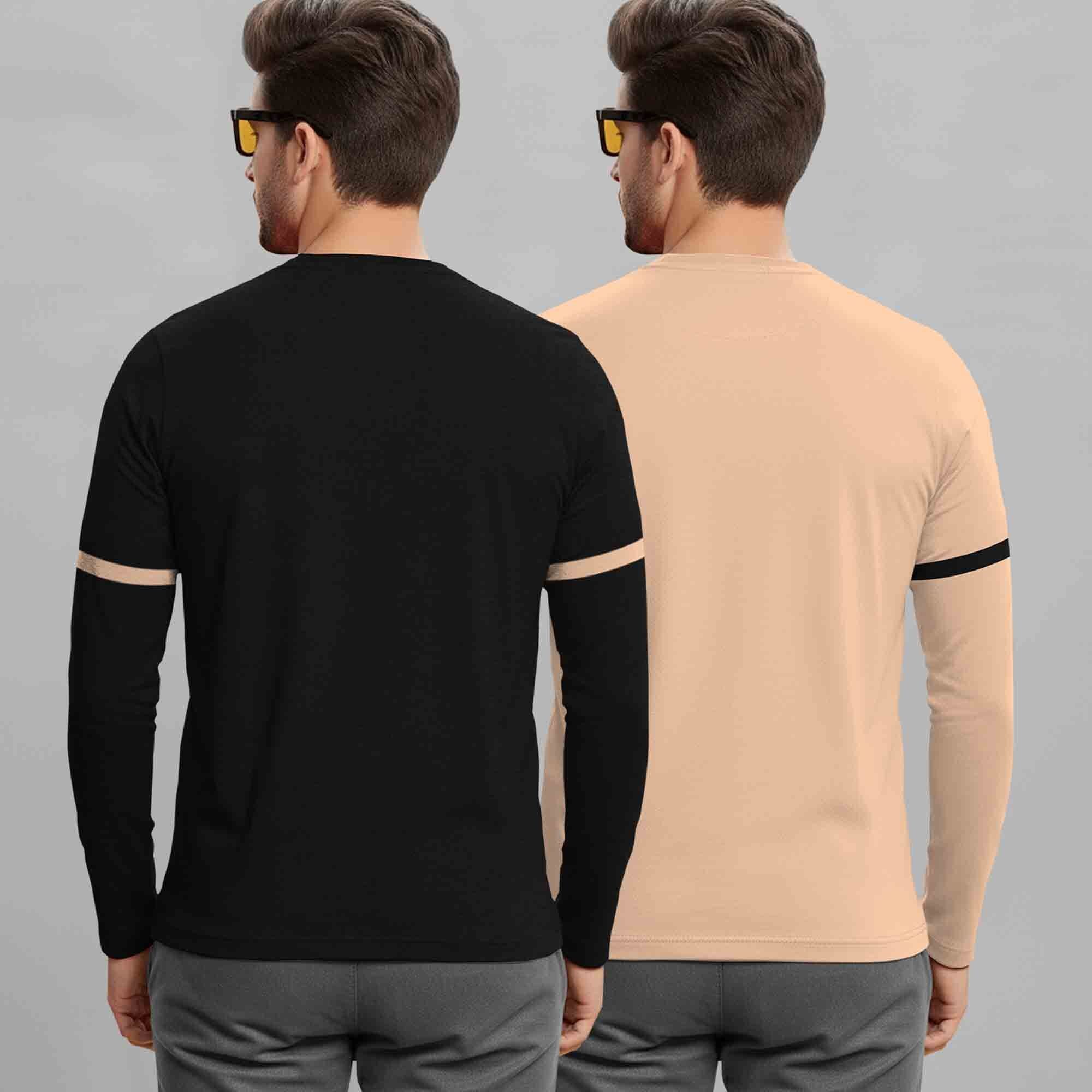 (Pack Of 2) Full Sleeve Round Neck Printed T-shirts Black & Beige