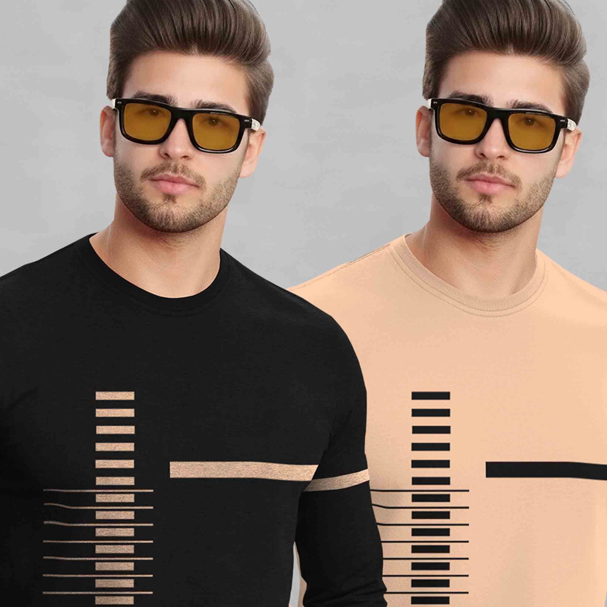 (Pack Of 2) Full Sleeve Round Neck Printed T-shirts Black & Beige