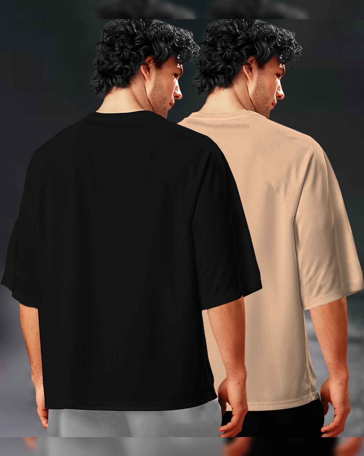 (Pack Of 2) Black & Beige Men Plain Oversized T-shirts