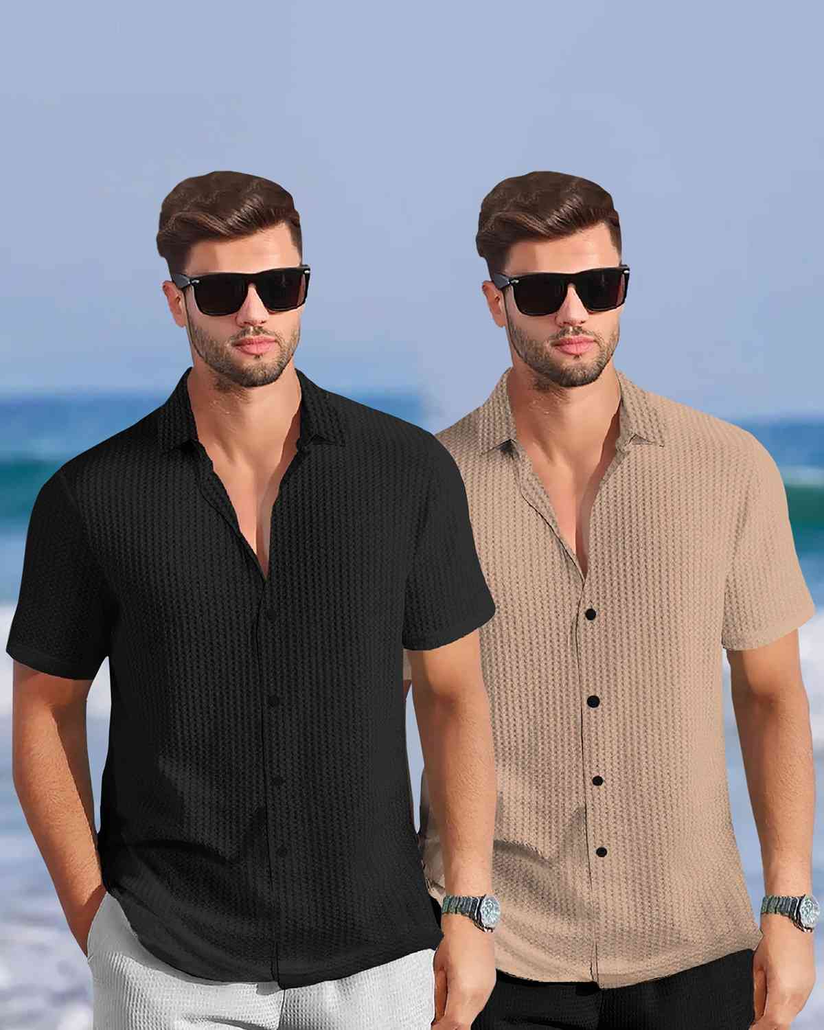 (Pack Of 2) Half Sleeve Plain Black & Beige Waffle Shirts