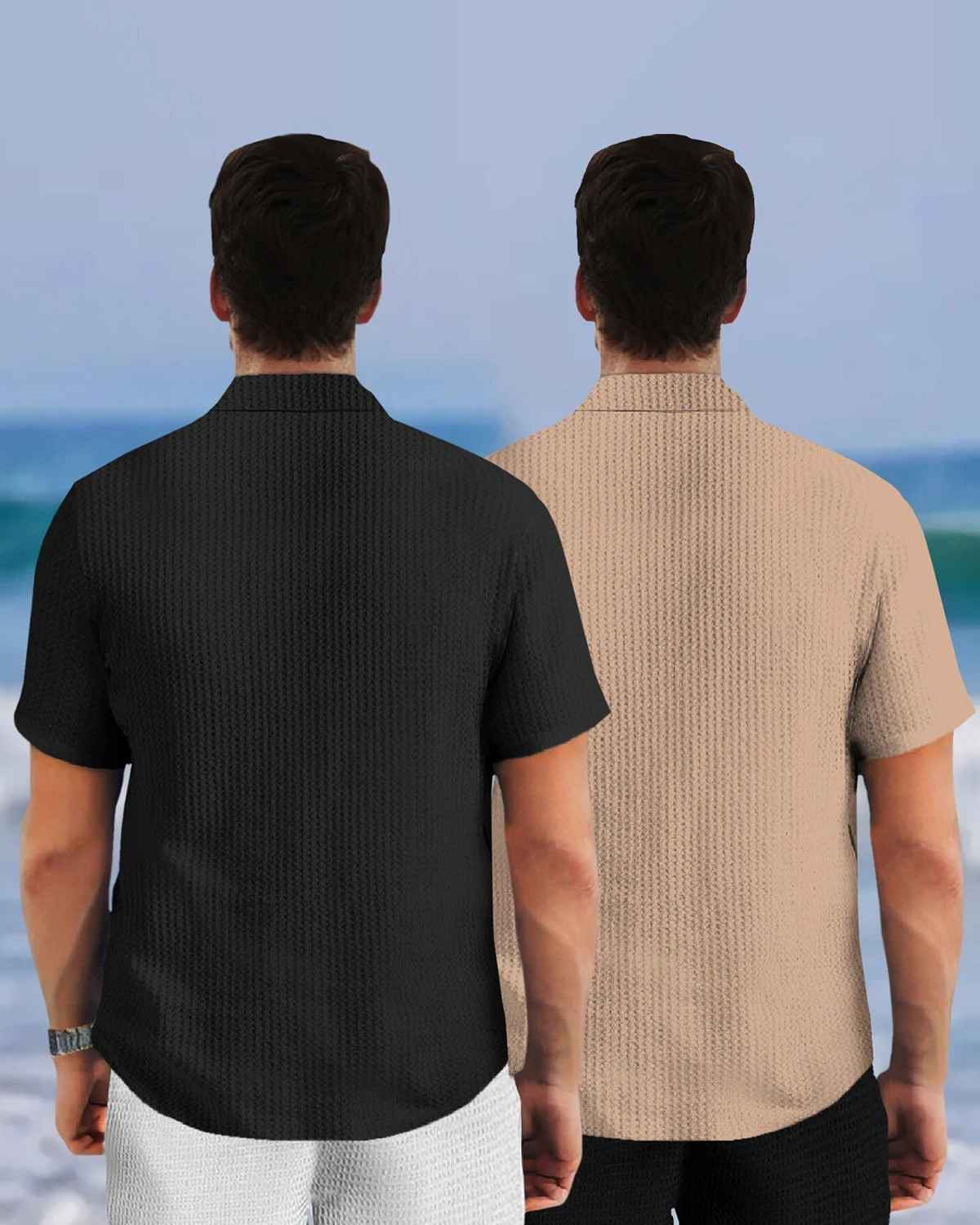 (Pack Of 2) Half Sleeve Plain Black & Beige Waffle Shirts