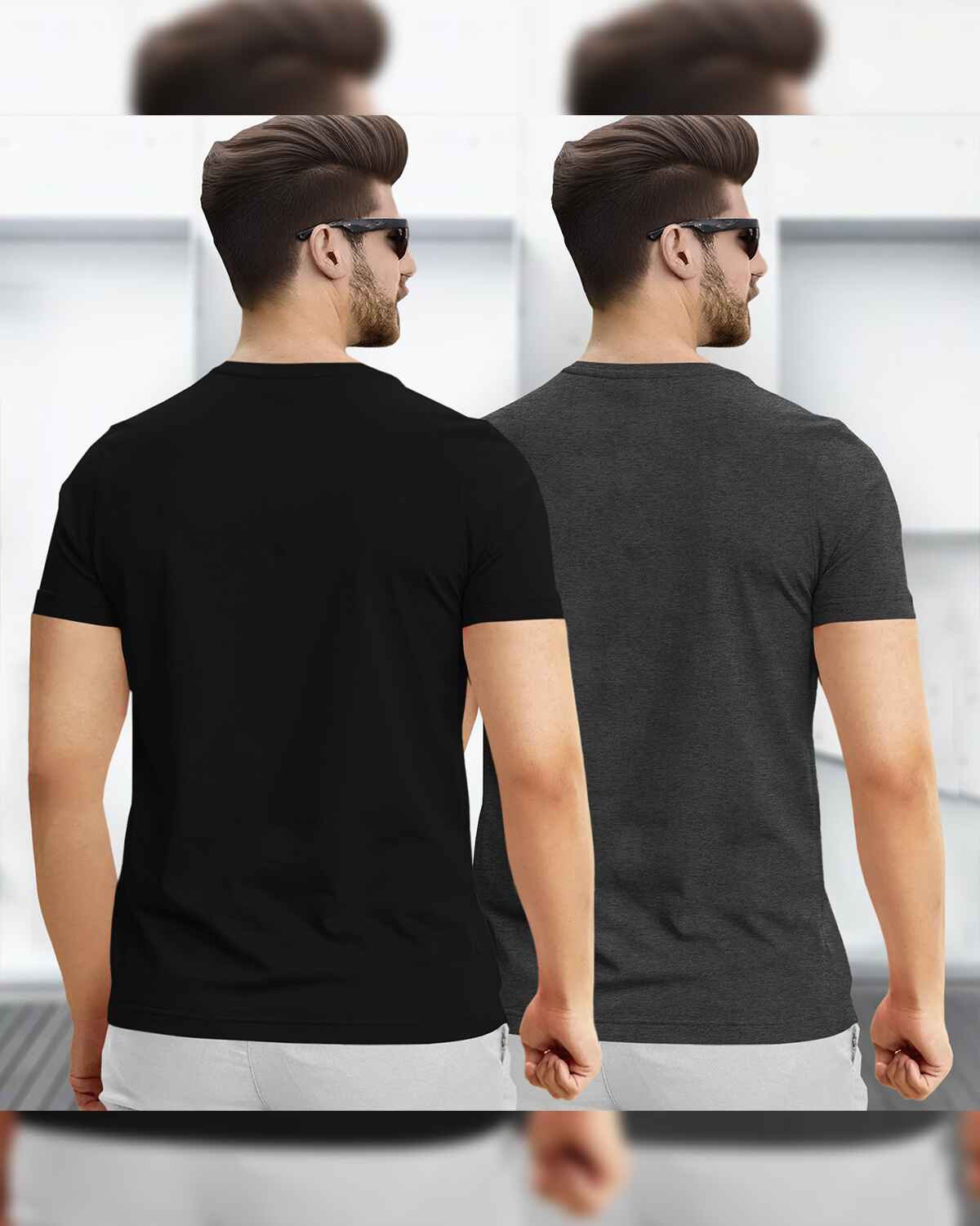 (Pack Of 2) Hlaf Sleeve Floral Printed T-shirts / Black & Charcoal Black