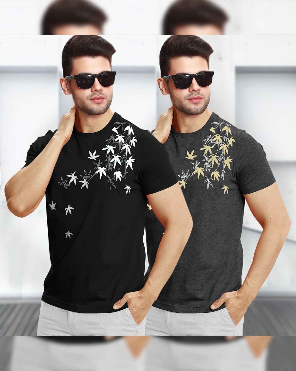 (Pack Of 2) Hlaf Sleeve Floral Printed T-shirts / Black & Charcoal Black