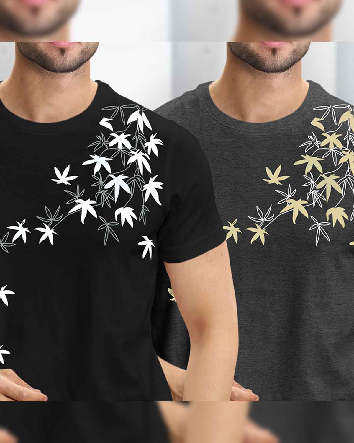 (Pack Of 2) Hlaf Sleeve Floral Printed T-shirts / Black & Charcoal Black