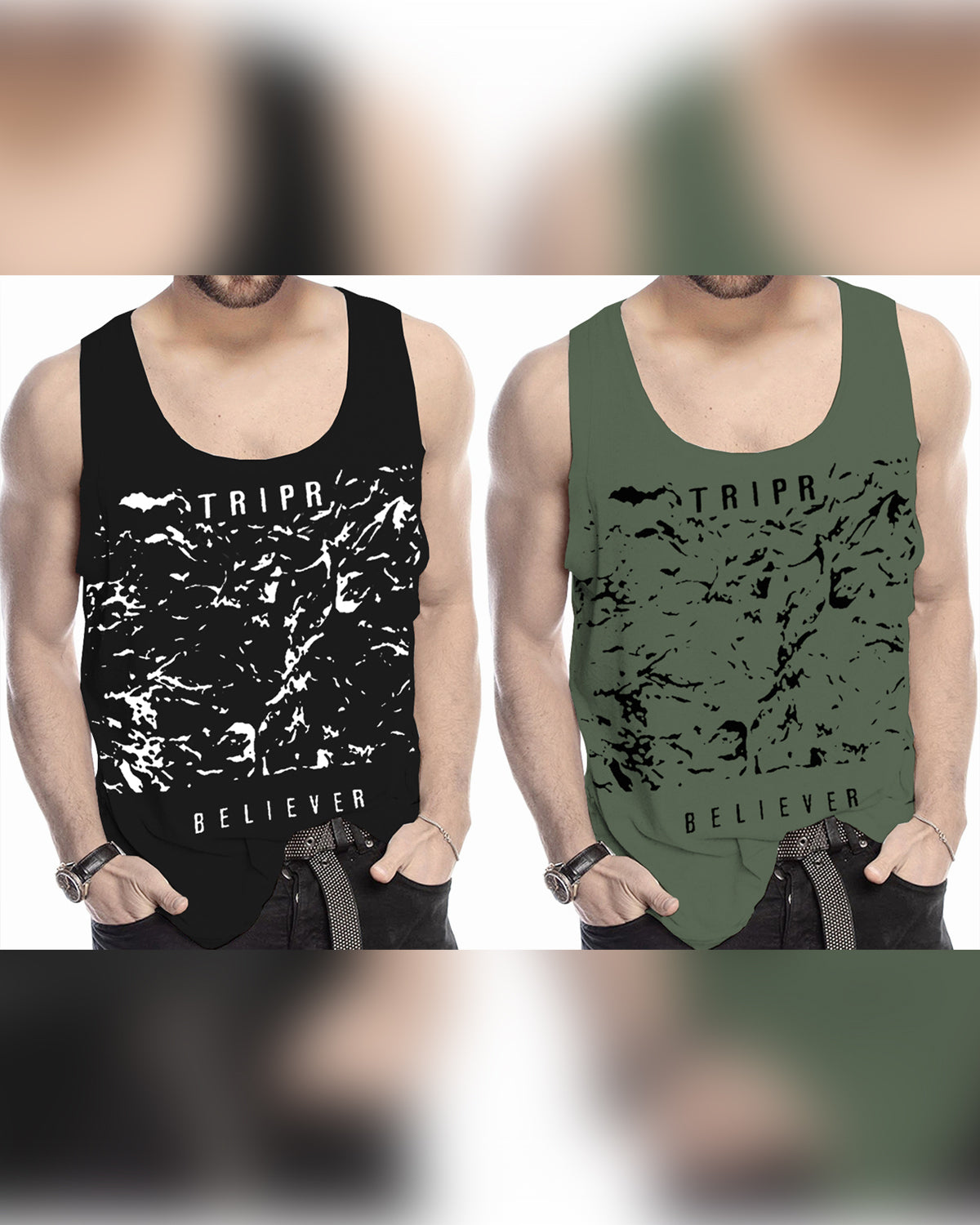 (Pack of 2) Men Printed Vest / Black & Green