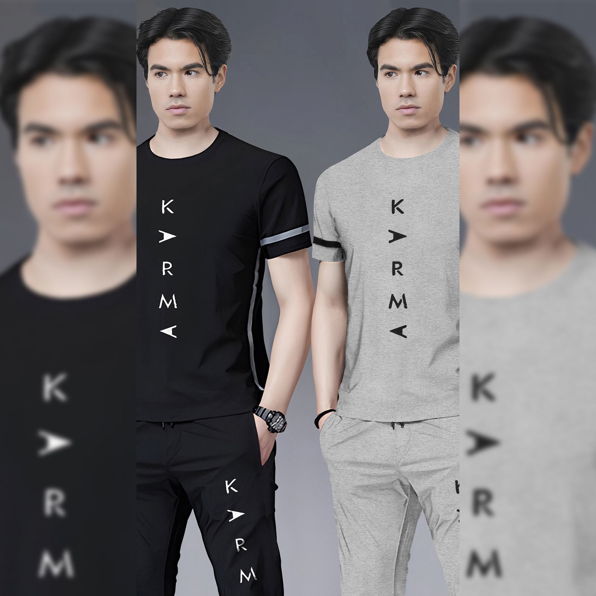 (Pack Of 2) Half Sleeve Printed Tracksuit Black & Grey