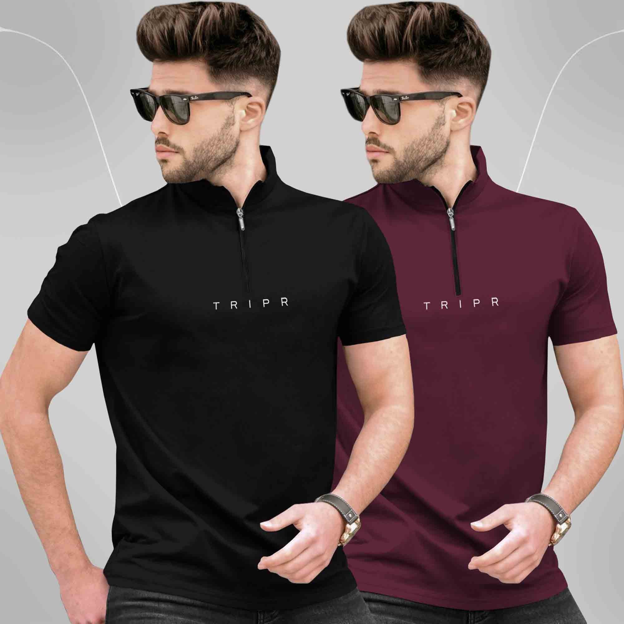 Pack Of 2 High Neck Logo Printed Half Sleeve Combo T-shirts - 13 Variants