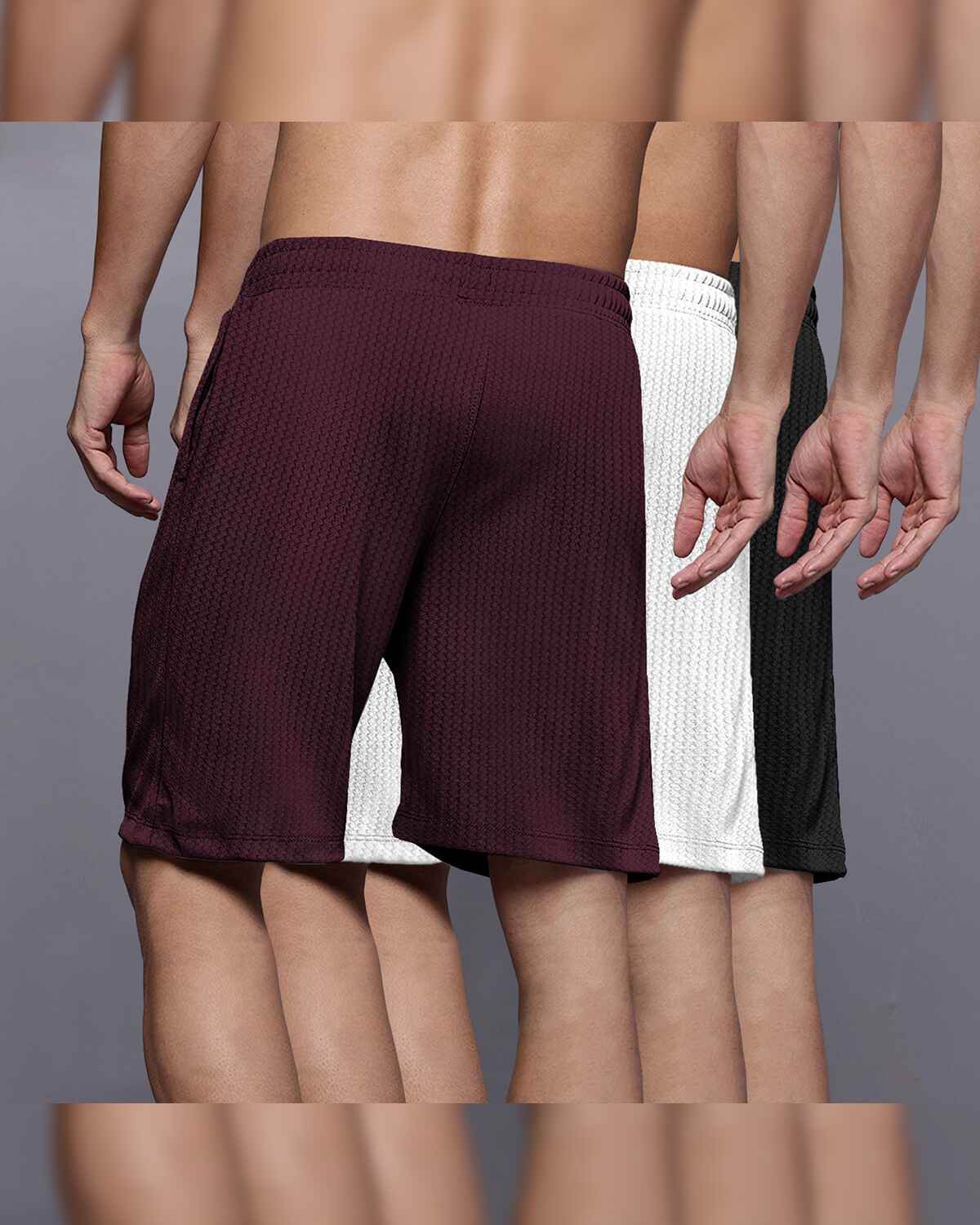 (Pack Of 3) Men Plain Black-White-Maroon Waffle Shorts