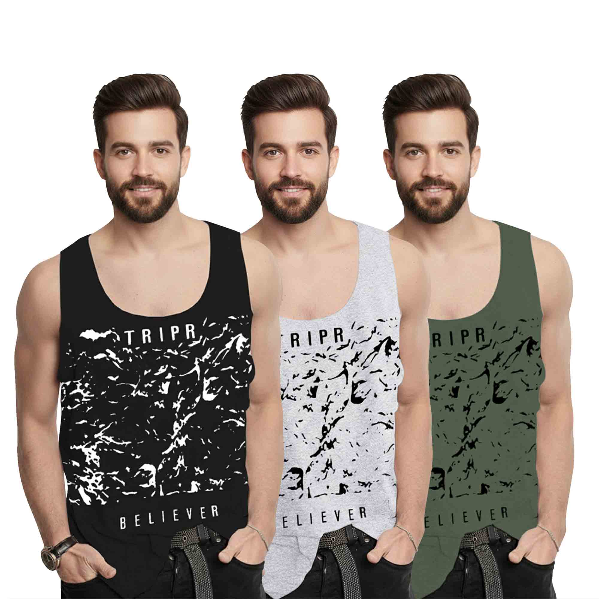 Men Believer Printed Vest (Pack of 3) | black - grey- green