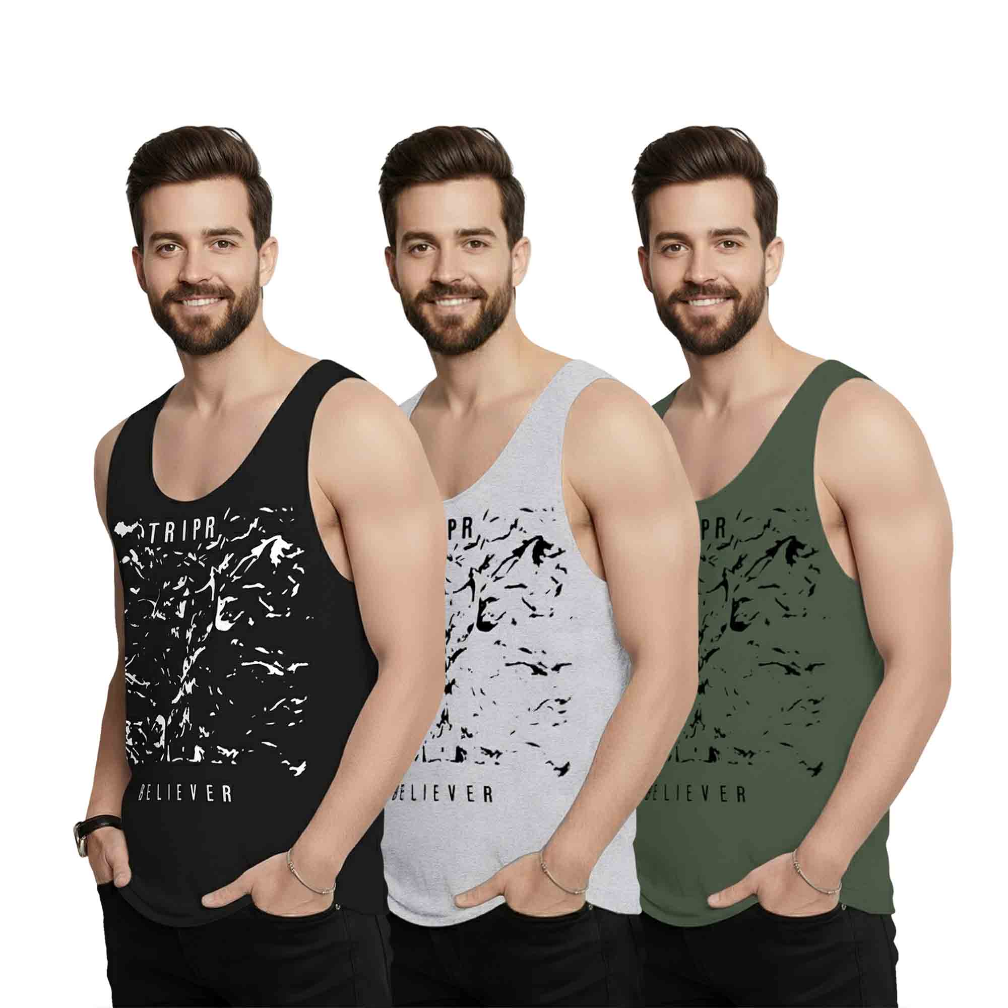 Men Believer Printed Vest (Pack of 3) | black - grey- green