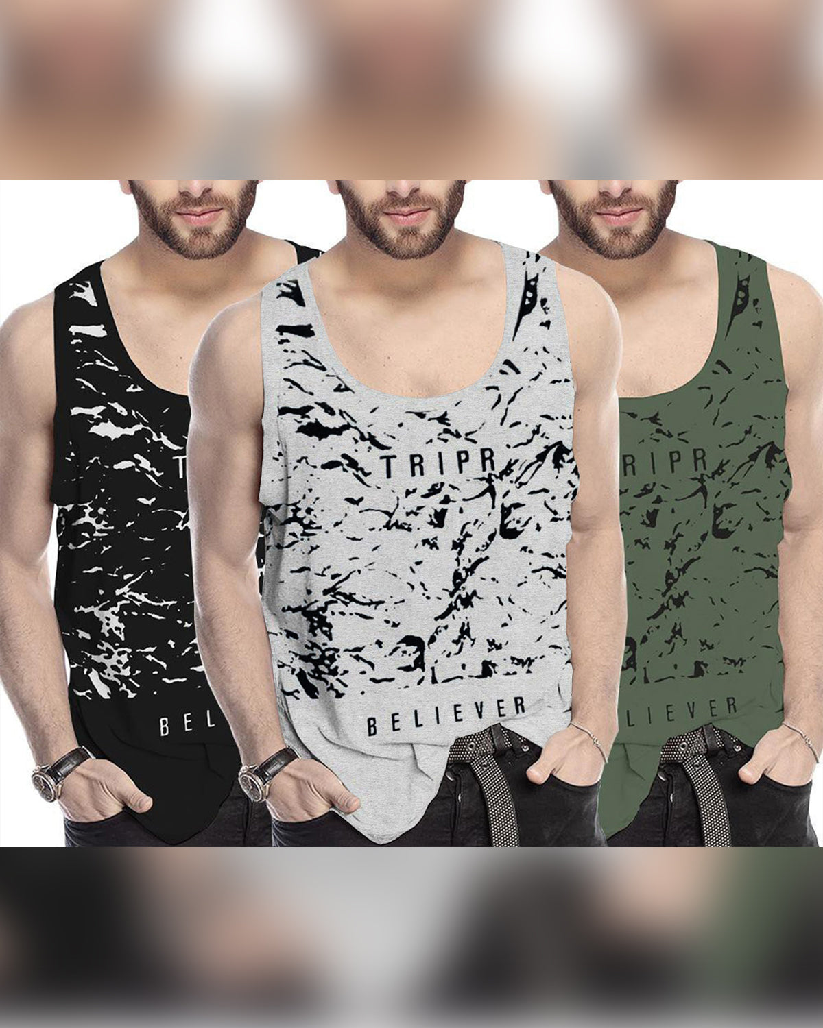 Men Believer Printed Vest (Pack of 3) | black - grey- green