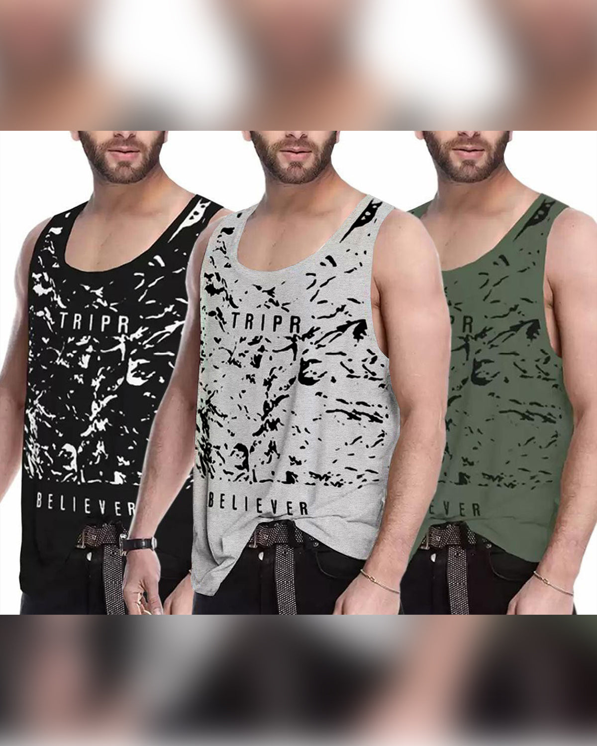 Men Believer Printed Vest (Pack of 3) | black - grey- green