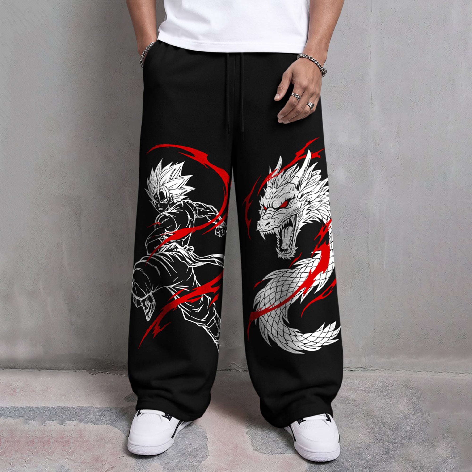 Mens Printed Design Baggy Fit Trackpant Black