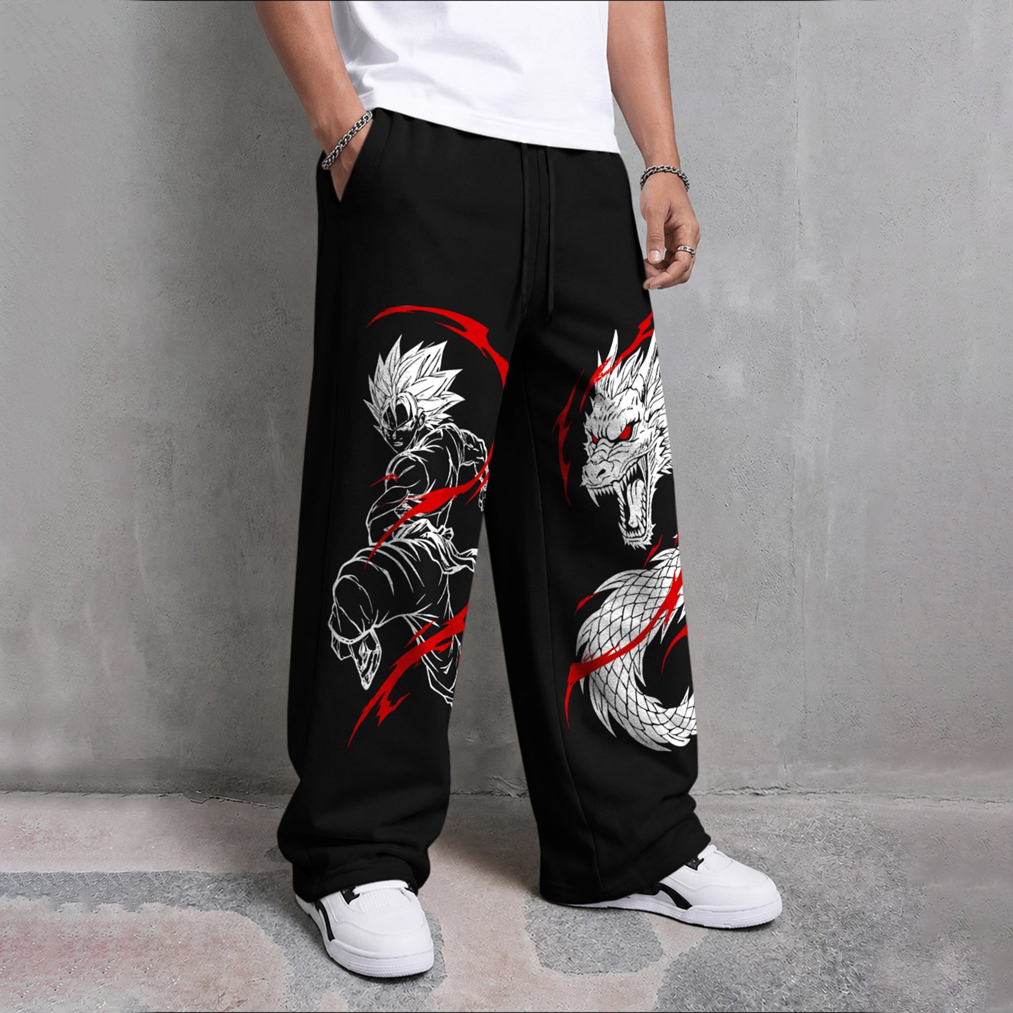 Mens Printed Design Baggy Fit Trackpant Black