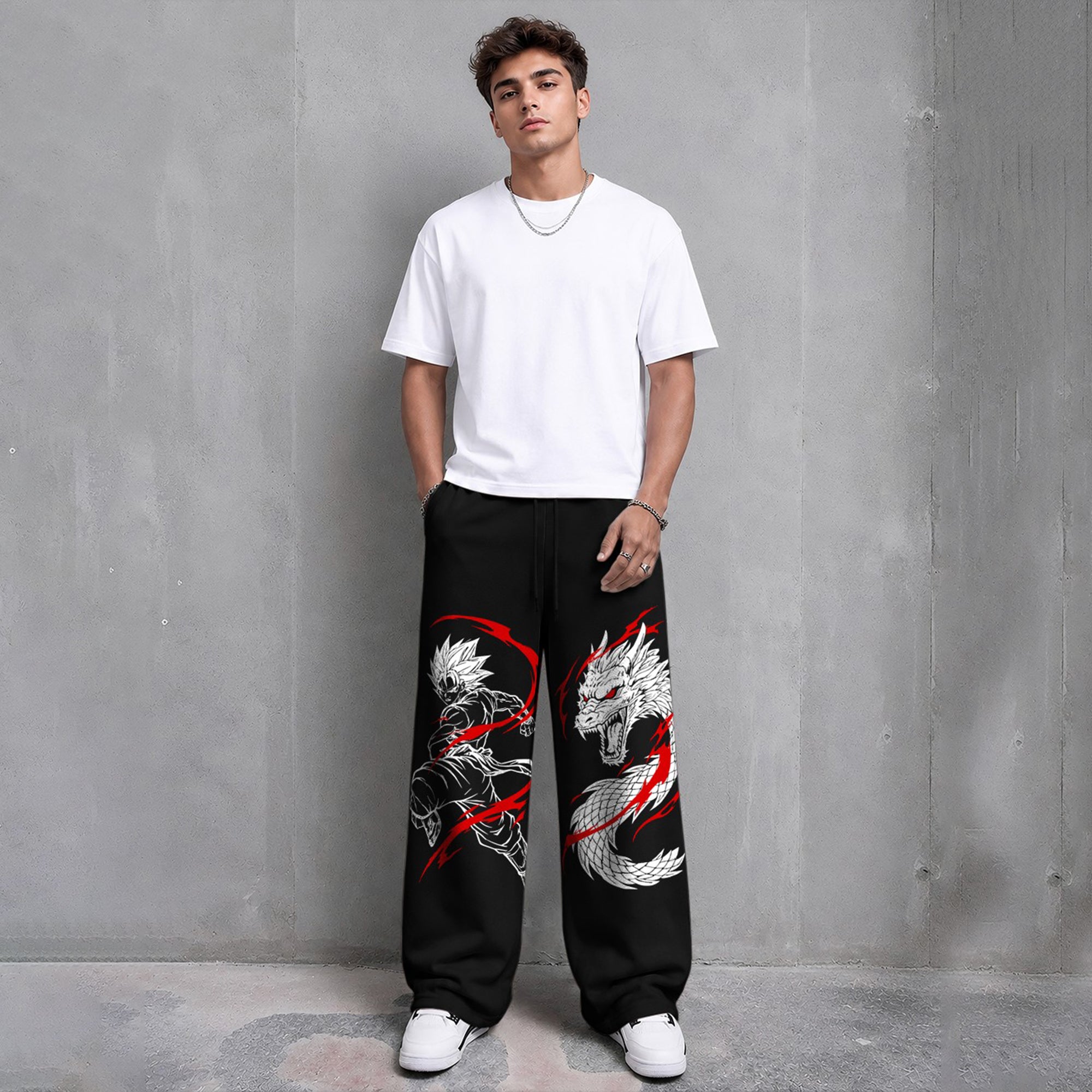 Mens Printed Design Baggy Fit Trackpant Black
