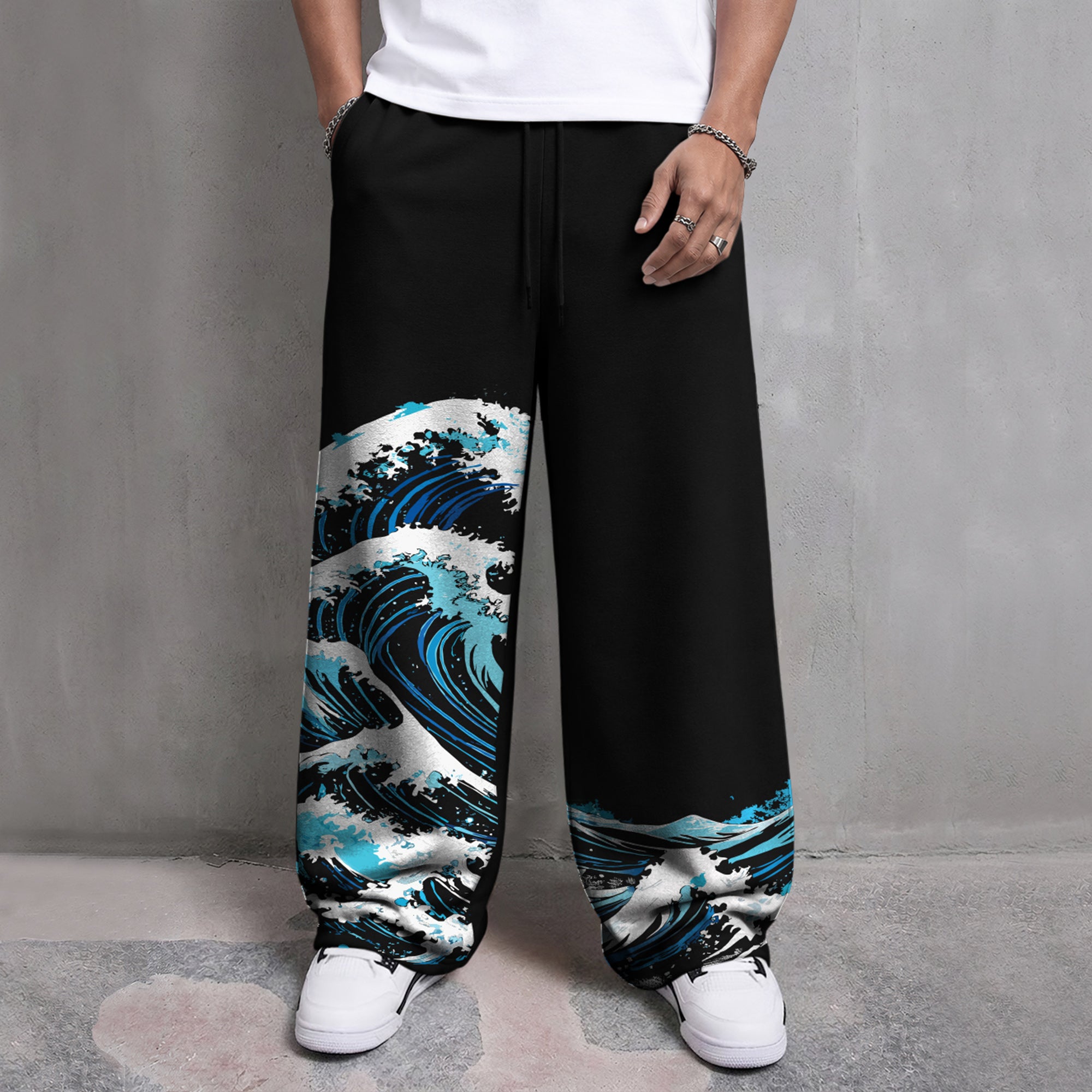 Mens Printed Design Baggy Fit Trackpant Black