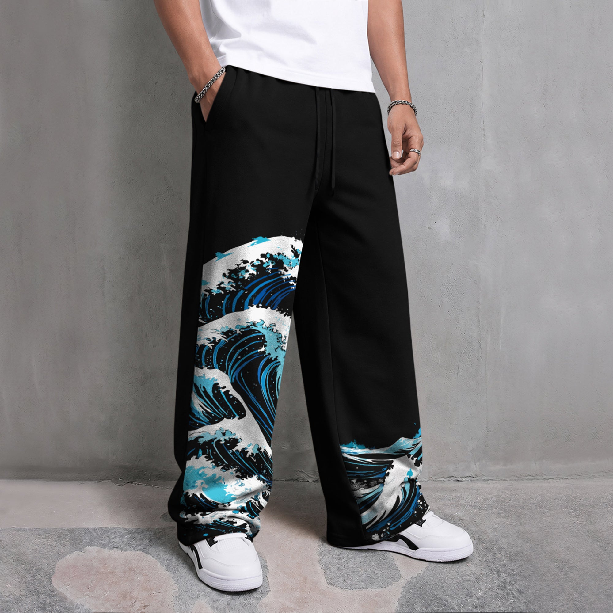 Mens Printed Design Baggy Fit Trackpant Black