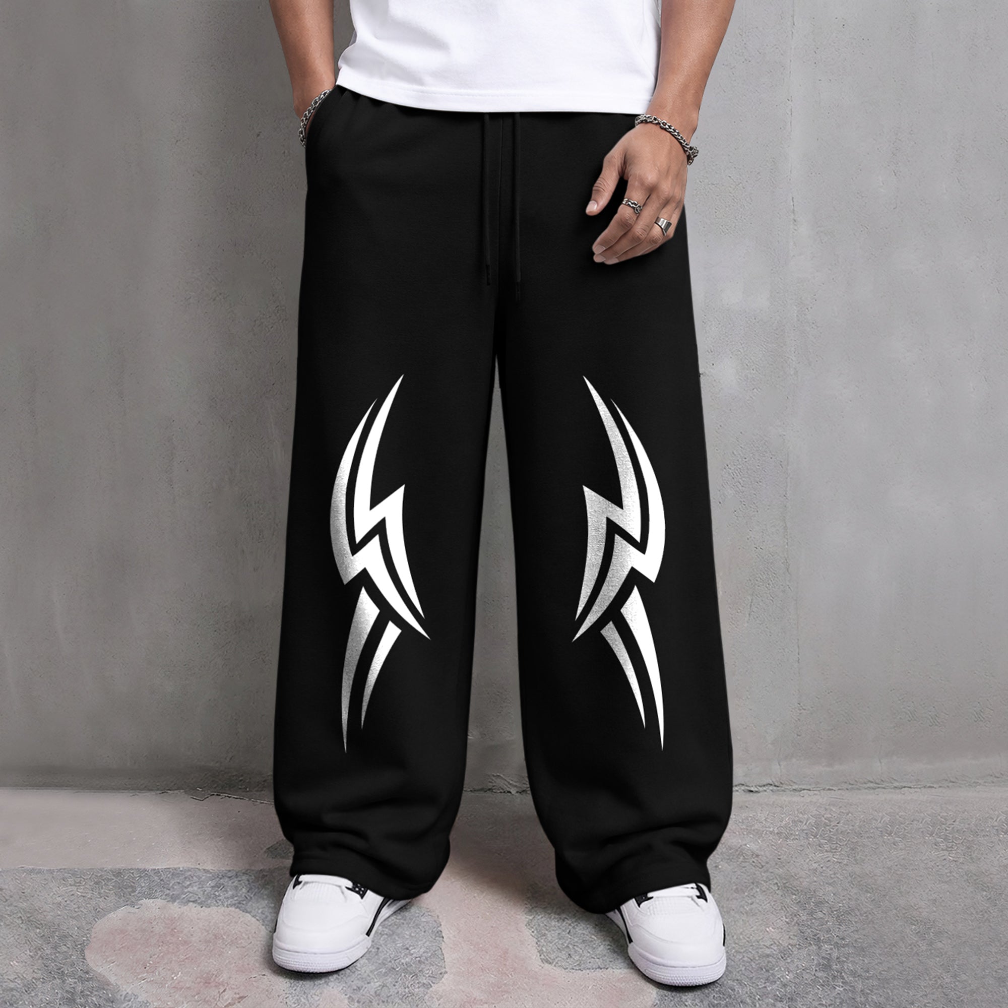 Mens Printed Design Baggy Fit Trackpant Black