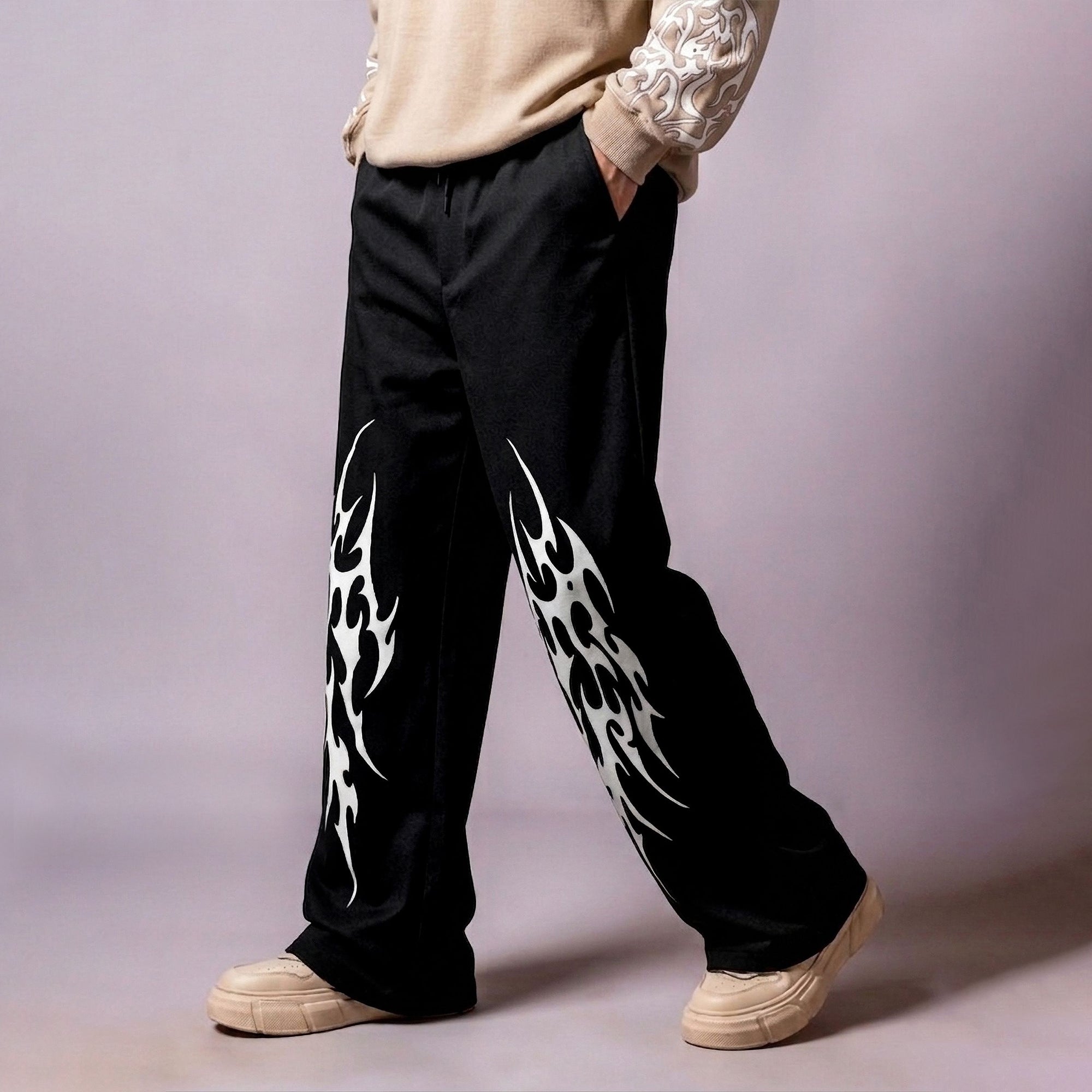 Mens Baggy Fit Printed Trackpant Black