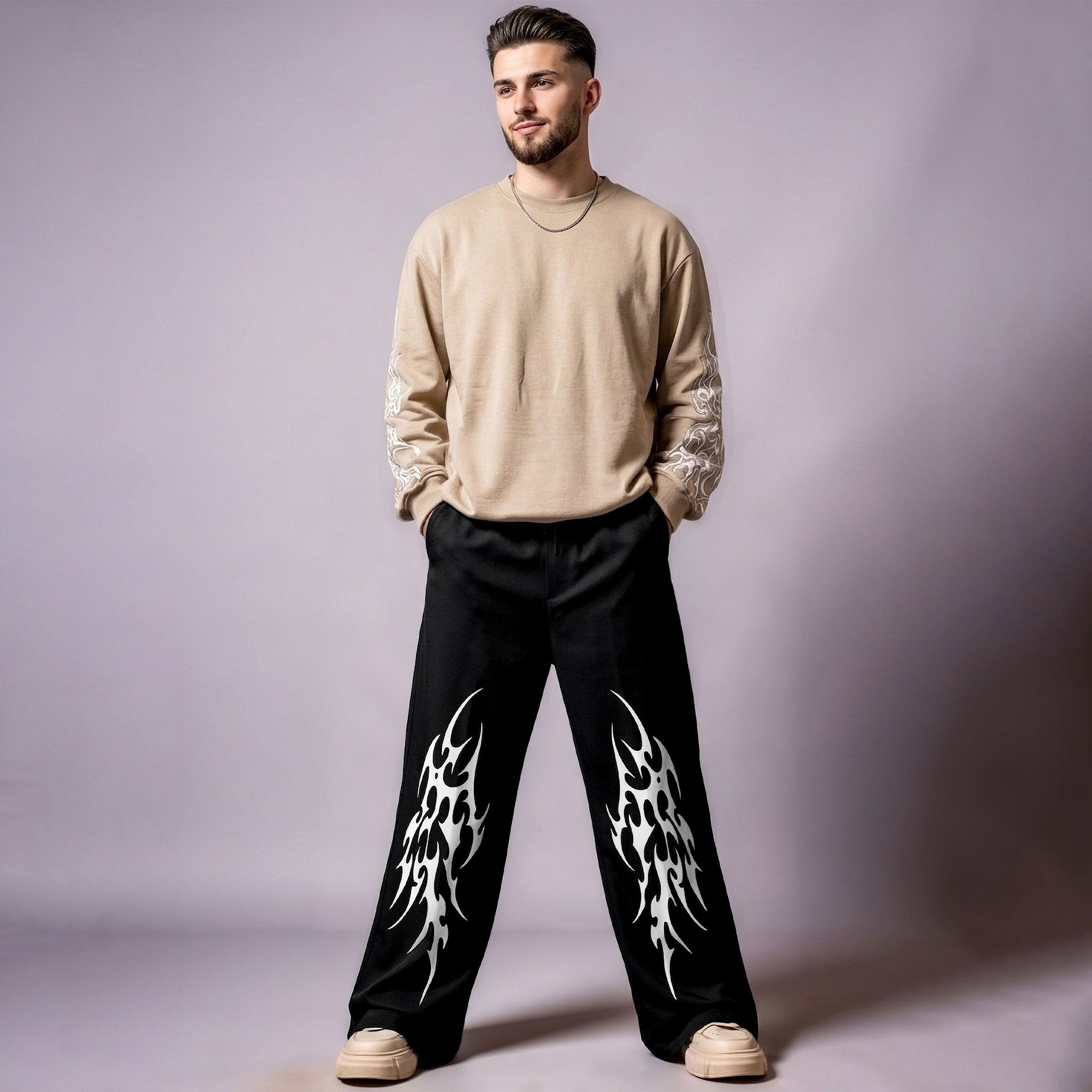 Mens Baggy Fit Printed Trackpant Black