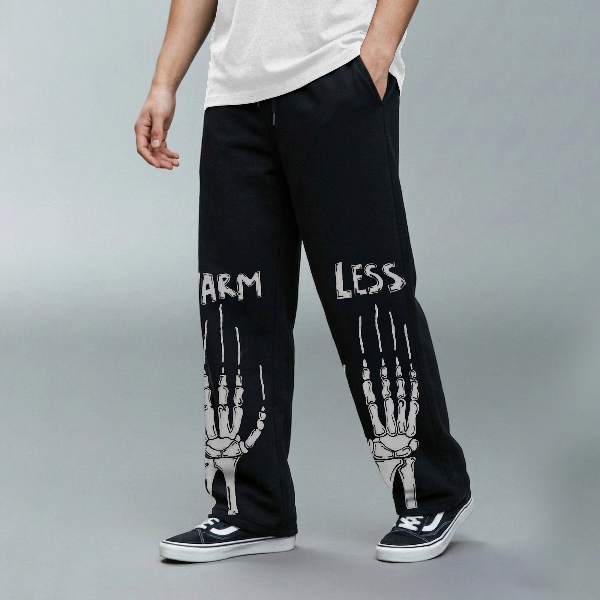 Mens Baggy Fit "WARM LESS" Printed Trackpant Black