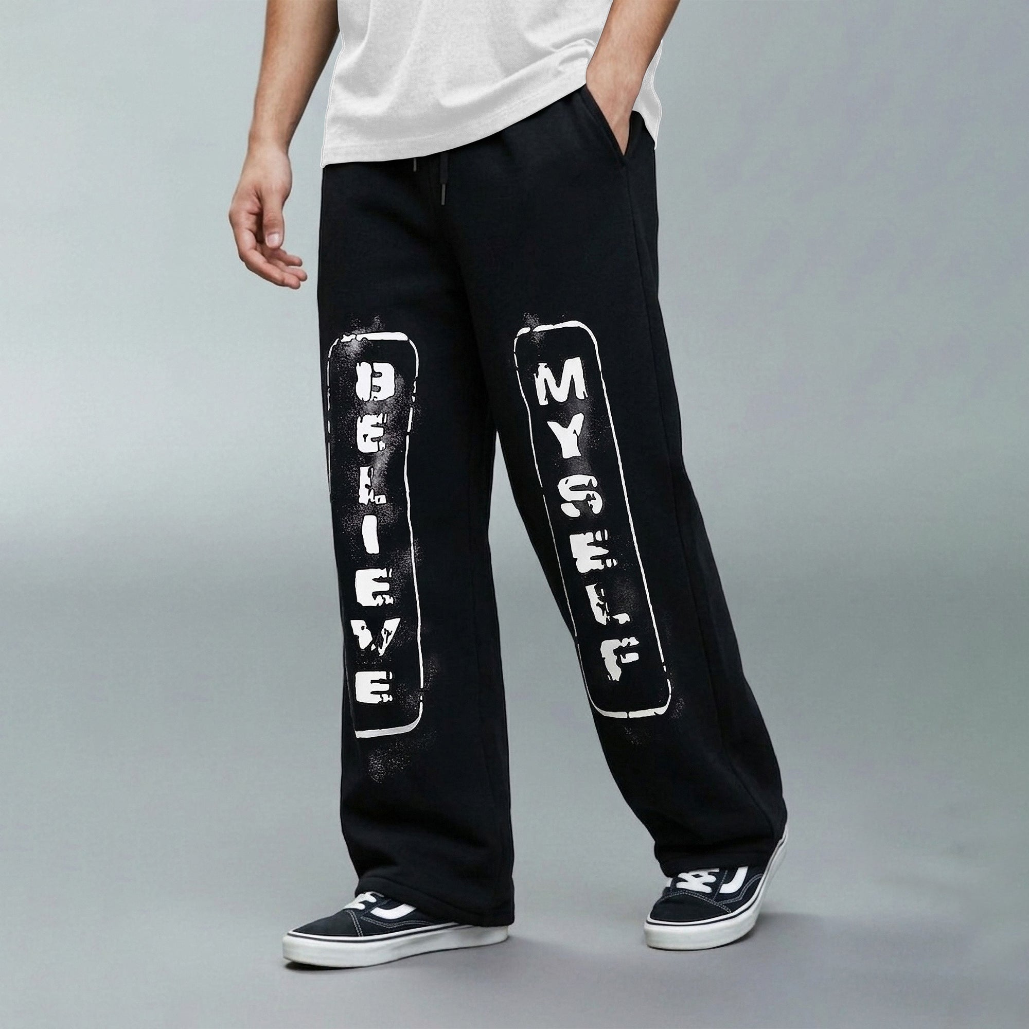 Mens Baggy Fit "MYSELF" Printed Trackpant Black